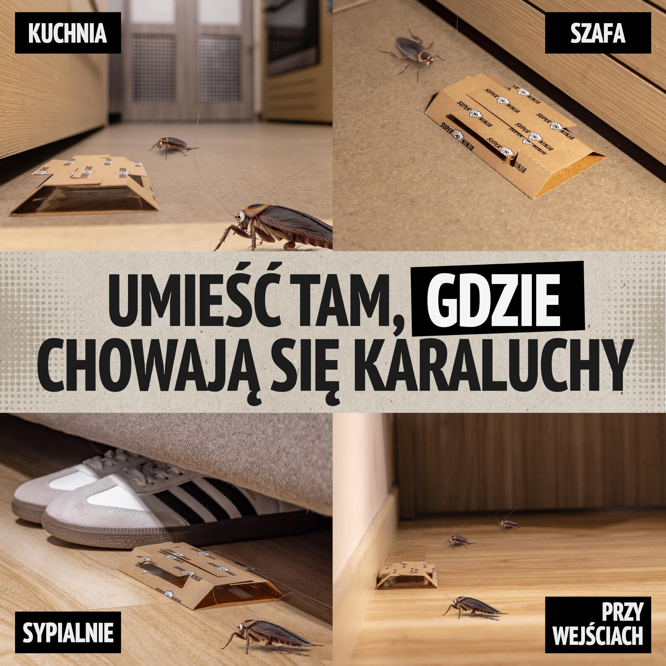 Super Ninja Pułapki lepowe na karaluchy i prusaki do domu – 60 szt., z atraktantem spożywczym, bez toksycznych substancji, do kuchni, łazienki, garażu i piwnicy