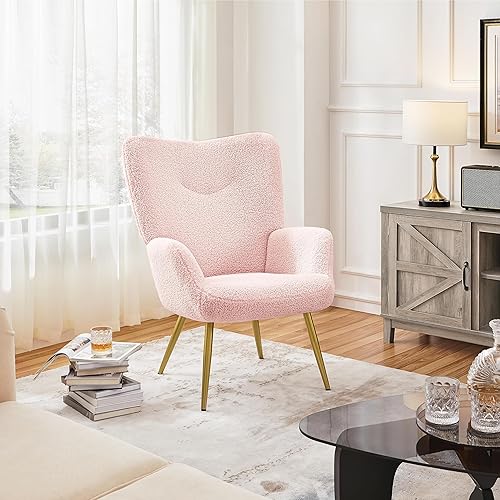 Miniatura 2 de Yaheetech Silla de tocador moderna, silla decorativa de tela Boucle, sillón de felpa Sherpa con respaldo alto y acolchado suave, silla casual