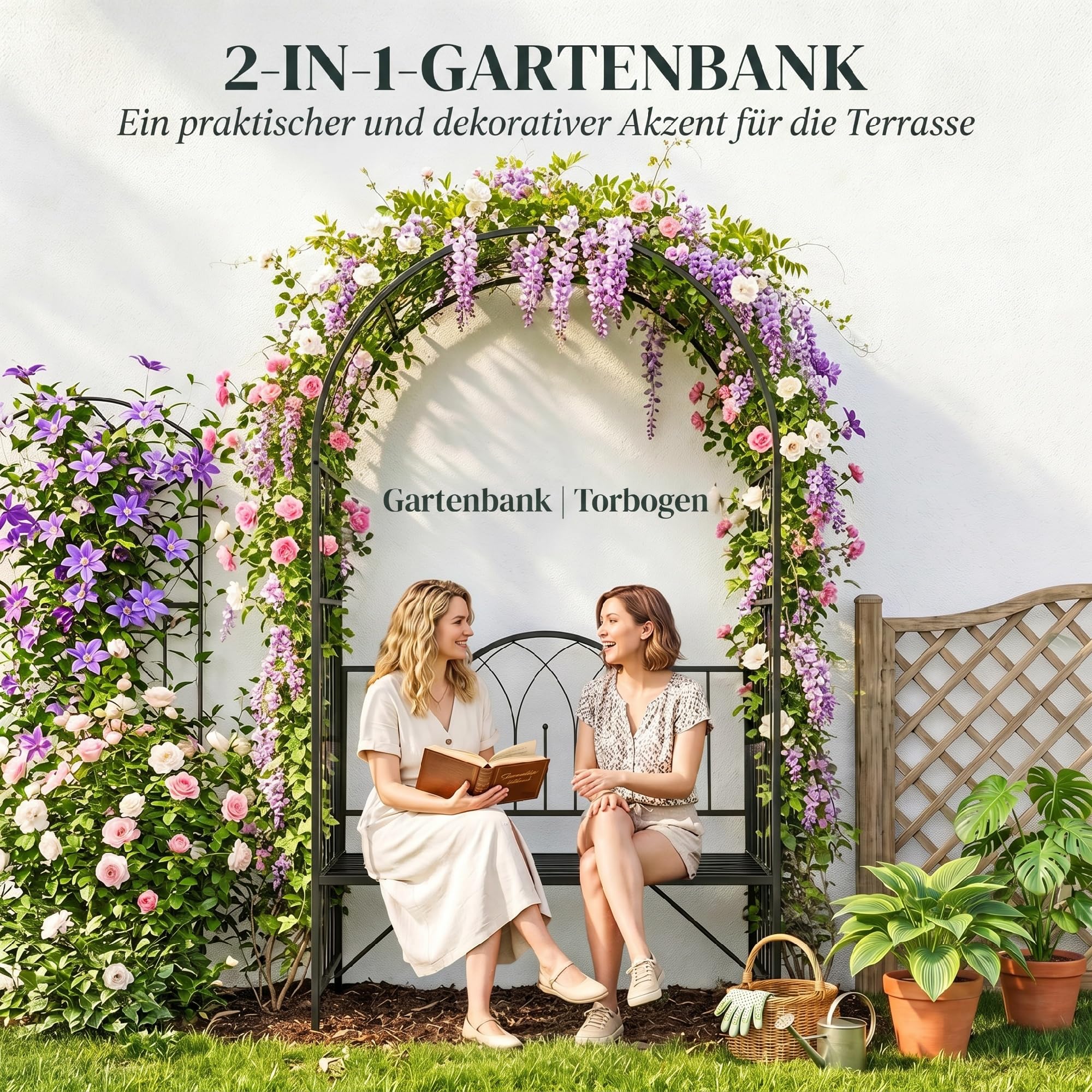 Outsunny Rosenbogen aus Metall Rankhilfe für Kletterpflanzen Gartenbogen mit Bank Spitze Rankbogen Torbogen für Rosen Bögen Rosenhilfe Rankgitter für Garten 115 x 50 x 203 cm Schwarz