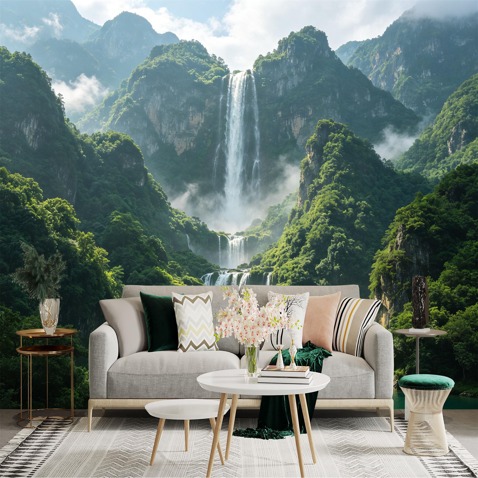 Custom Size Wall Sticker Mural， Majestic Waterfall， Lush Green Mountains， Tropical Rainforest Scenery， for wall Decoration， peelandstick wall Decals.