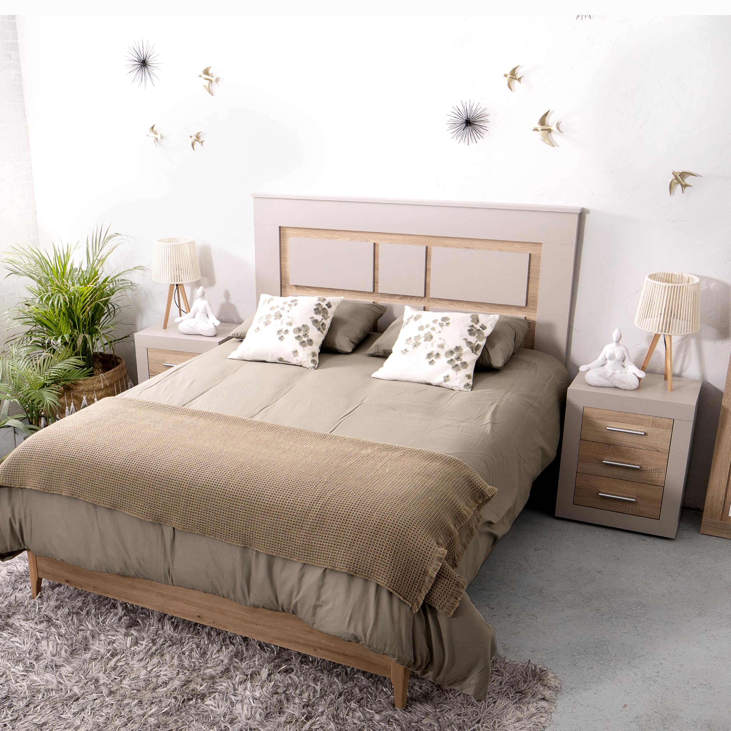 Homely- Conjunto de Dormitorio Coimbra con Cabecero Matrimonio y 2 mesillas | Color Kashmire/Cambrian | Cabecero 160 cm. Cama de 150/160 cm. | 2 mesitas de Noche de 3 cajones 50 cm.| Diseño Moderno
