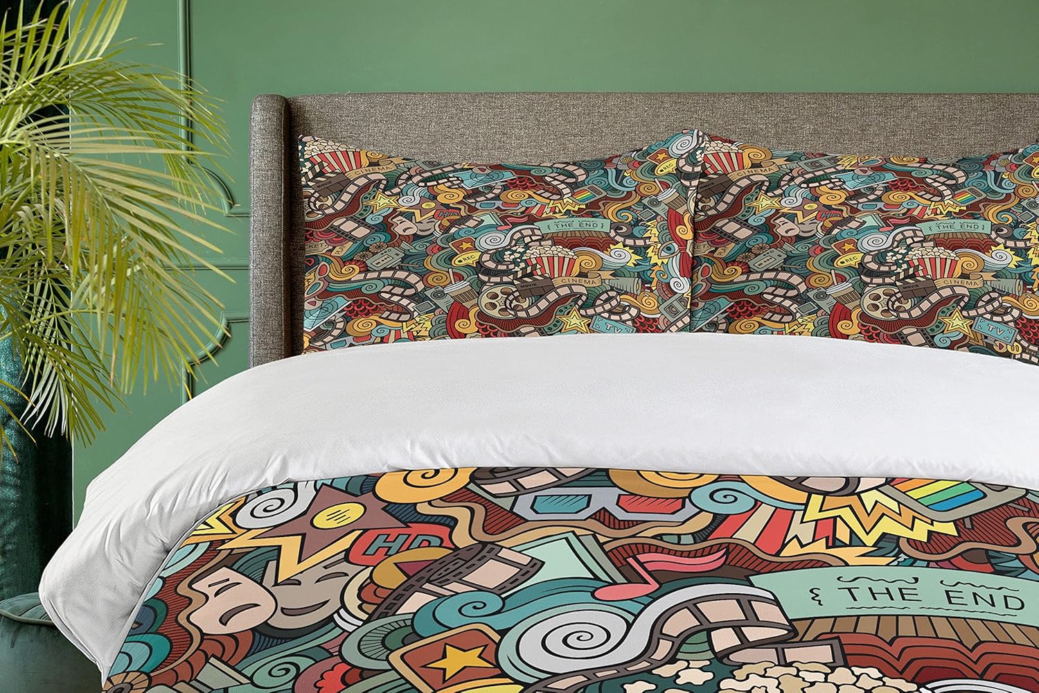 Ambesonne Hipster Duvet Cover Set, Cinema Items Combined in an Abstract Style Popcorn Movie Reel The End Theatre, Decorative 3 Piece Bedding Set with 2 Pillow Shams, Queen Size, Grey Black