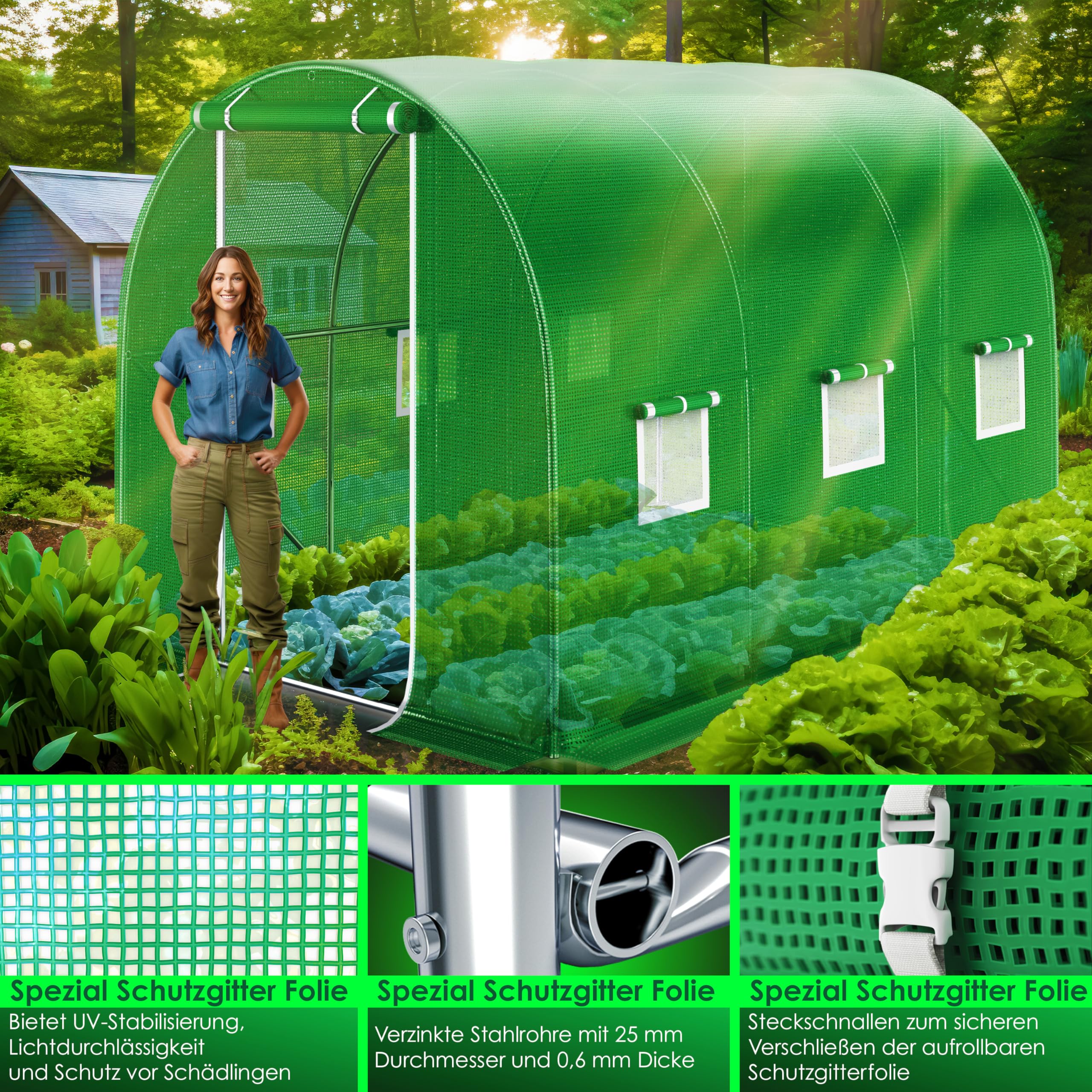 KESSER® Invernadero Estable con 6 Ventanas con mosquitera y Puerta, túnel de jardín con Marco de Acero galvanizado, 170 g/m², Incluye Guantes y Cuerdas, 200 x 300 cm, Color Verde