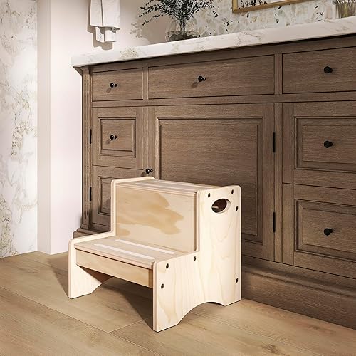 Miniatura 8 de Dream On Me Little Steps Taburete en color natural  Taburete sólido de madera de pino de Nueva Zelanda para niños con rieles de seguridad y base