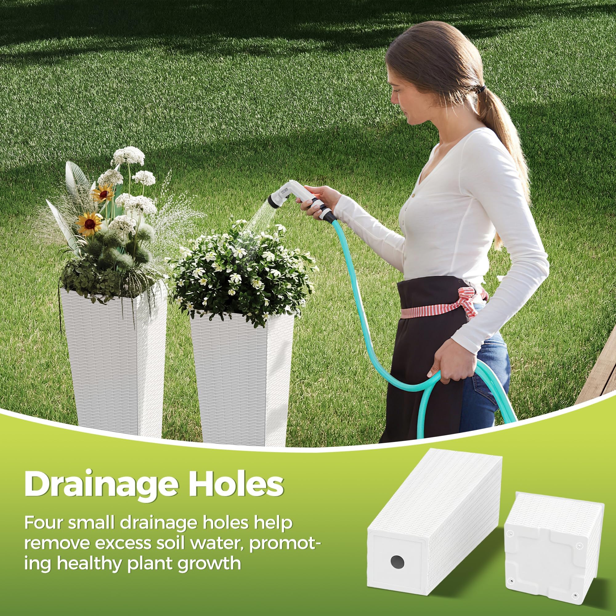 Maceteros Grandes de Exterior e Interior Pack de 2, Jardineras Altas de Plástico Resistente con Agujeros de Drenaje y Maceta Interior Extraíble, Set de 2 Macetas Decorativas Blancas para Plantas