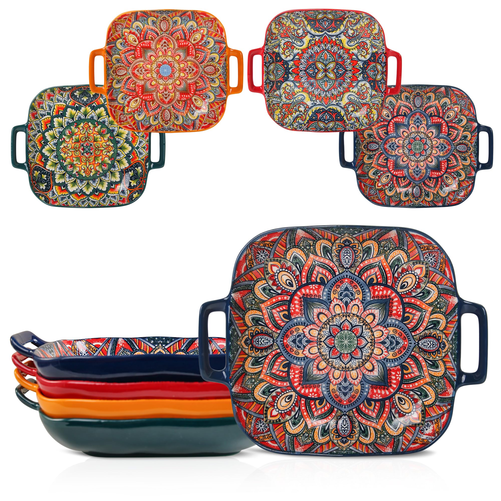 DDIKTH Four-Piece Set Ceramic Serving Platter with Handles,Bohemian Ceramic Plate,Square Dinner Plate,Colorful Salad Dish,Retro Fruit Plate