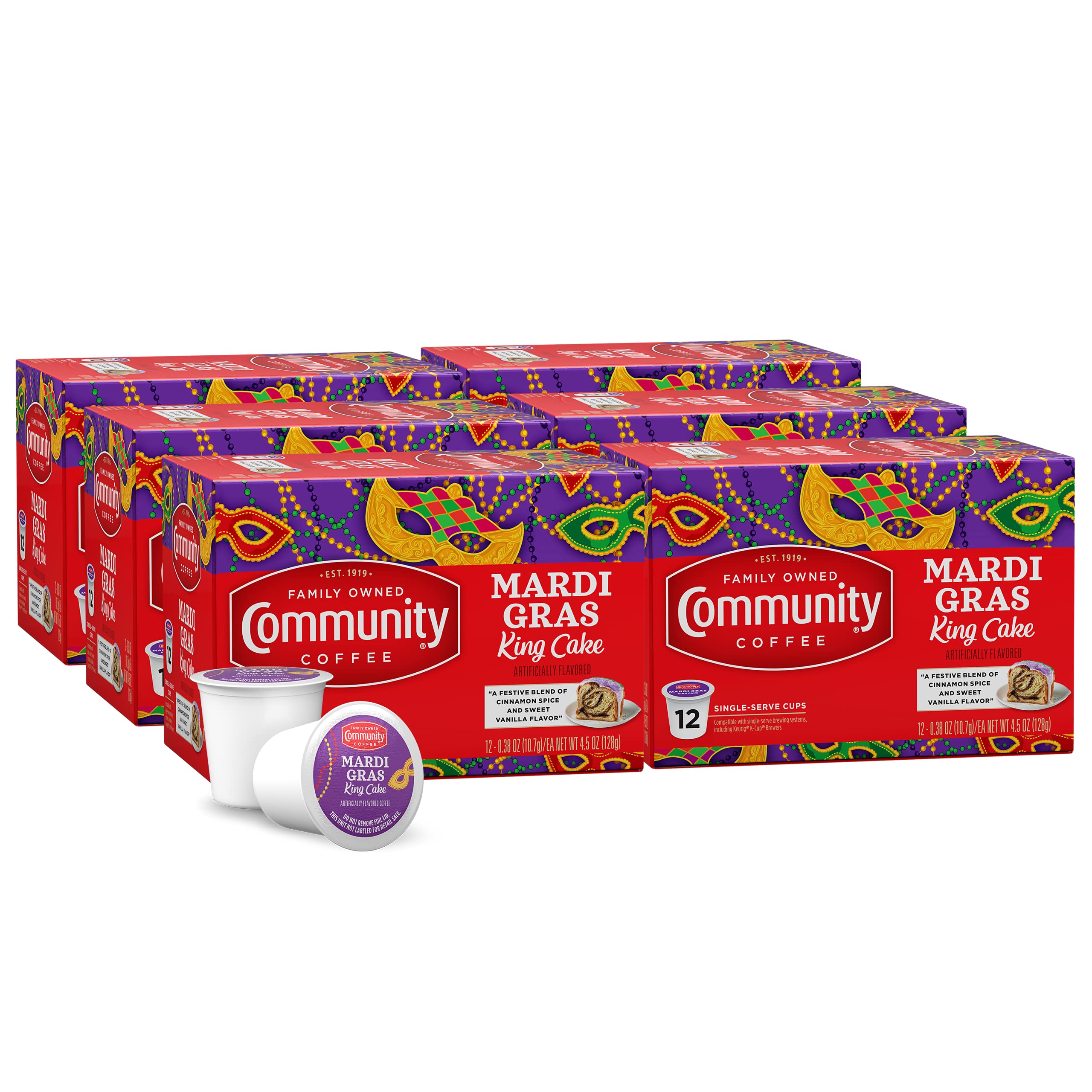 Mardi Gras King Cake Flavored Medium Roast Single Serve 72 Ct Box, Compatible with Keurig 2.0 K Cup Brewers, Medium Full Body Hints of Cinnamon and Vanilla, 100% Arabica Coffee Beans