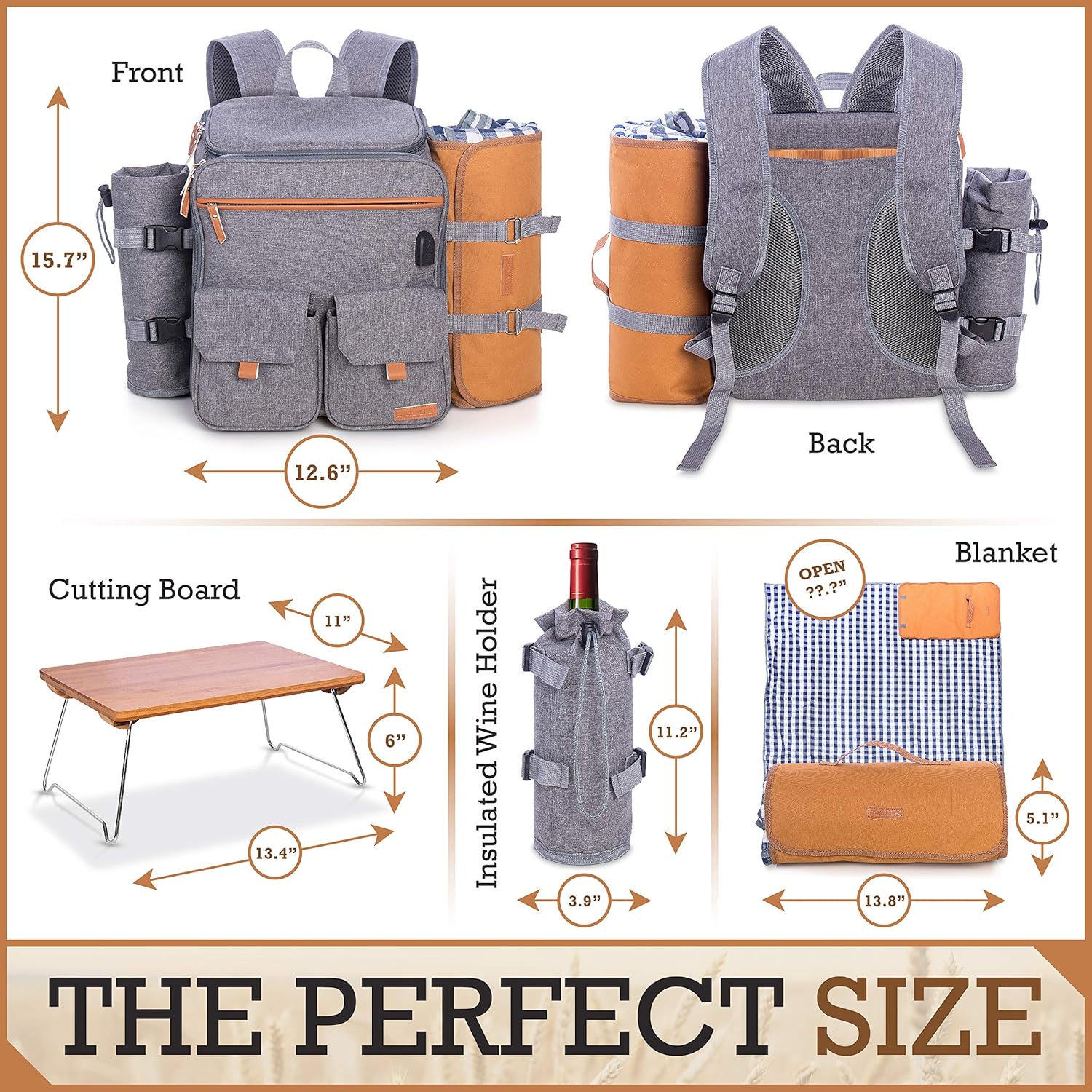 Family Picnic Backpack for 4 - Insulated - Gray - Fully Equipped with Ceramic Plates, Cutlery, Non-breakable Glasses, Chopping Board, Bottle Opener, Napkins, S/P Shakers Plus Waterproof Blanket: Kitchen & Dining