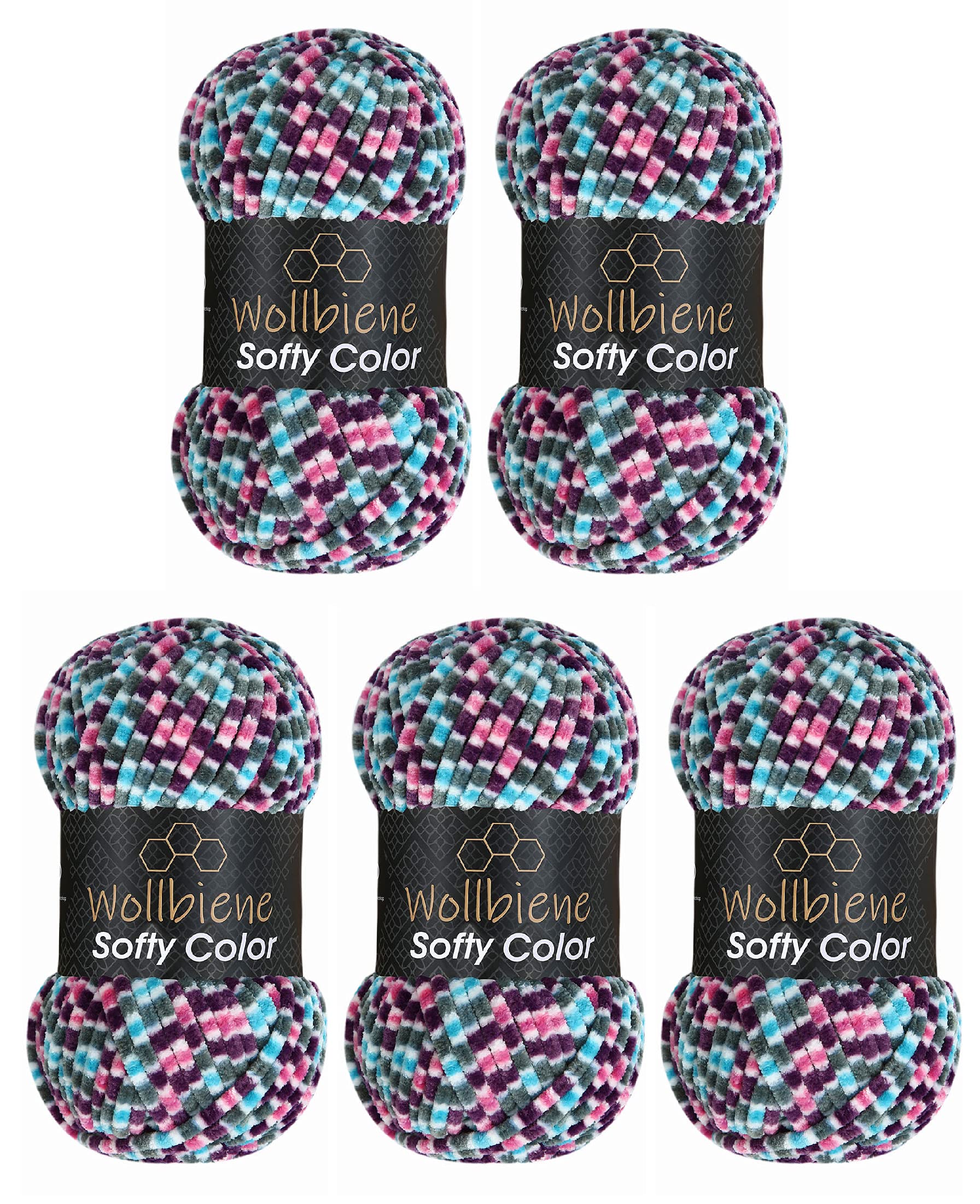 Wollbiene Softy Colour 5 x 100 g Chenille Knitting Wool, Baby Wool, 500 g Super Bulky Wool (Purple-Grey-Pink-Turquoise, 118)