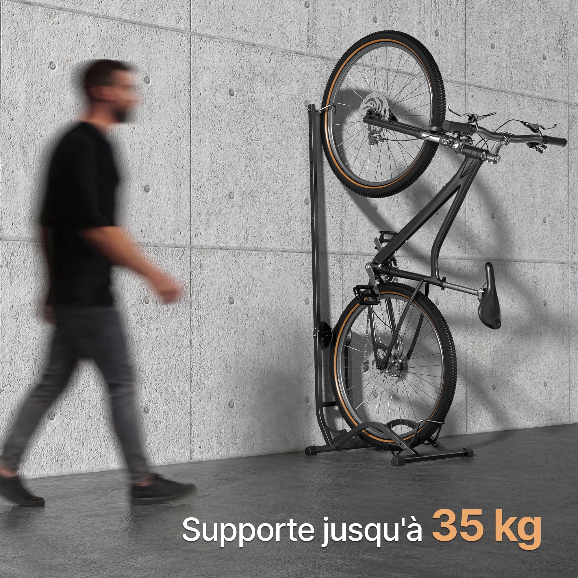 PEGZONE Support Vélo Vertical Gain de Place, Charge 35 kg, Noir | Support au Sol pour Vélos 20 à 27 Pouces et Pneus jusqu'à 90 mm, Hauteur Réglable, VTT et Vélo de Route