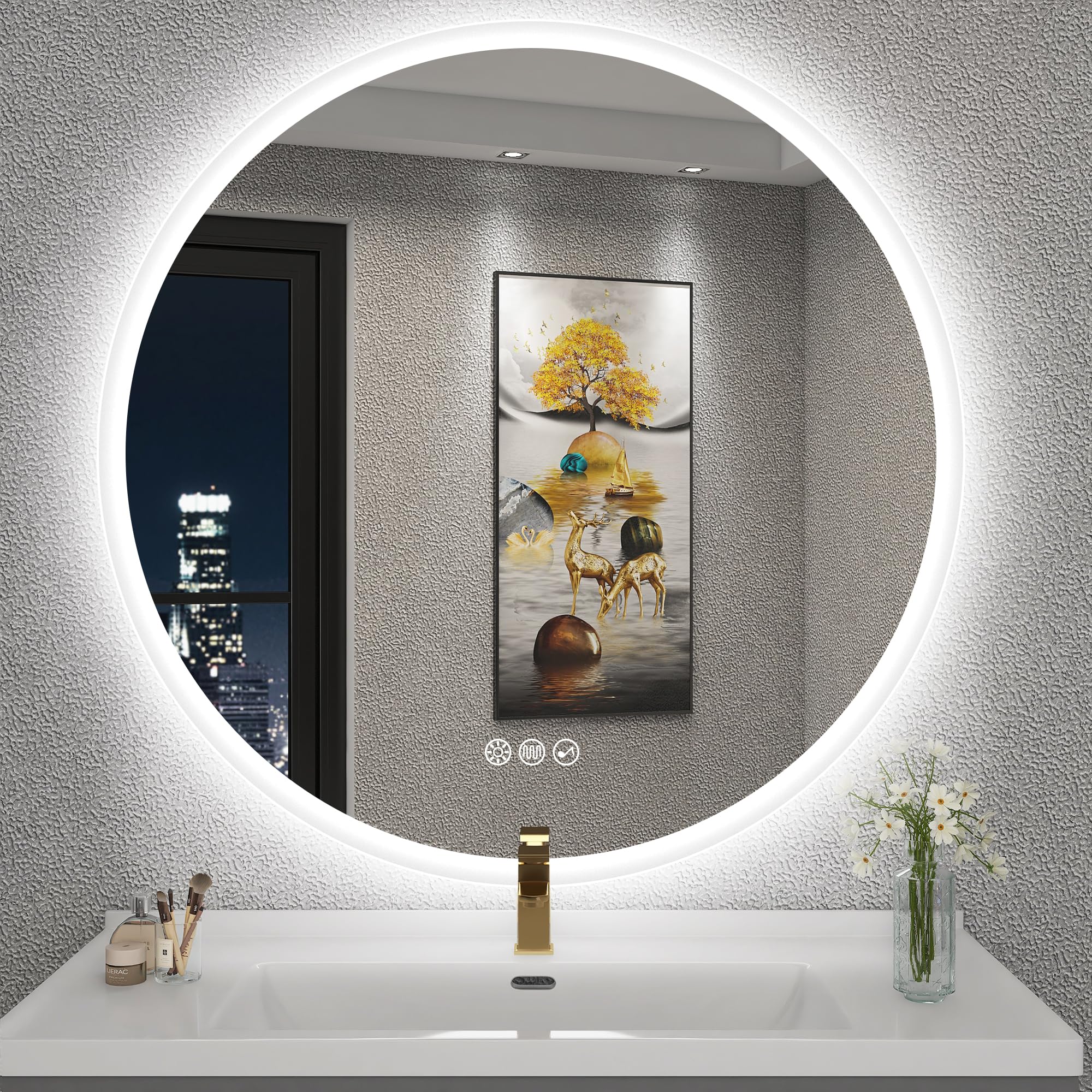 S'bagno 80 cm Espejo de Baño Redondo con Retroiluminación, Bluetooth Espejo Baño con Luz con Función de Desempañado, 3000K/4000K/6500K, Regulable, IP44 Espejo baño LED con Función de Memoria