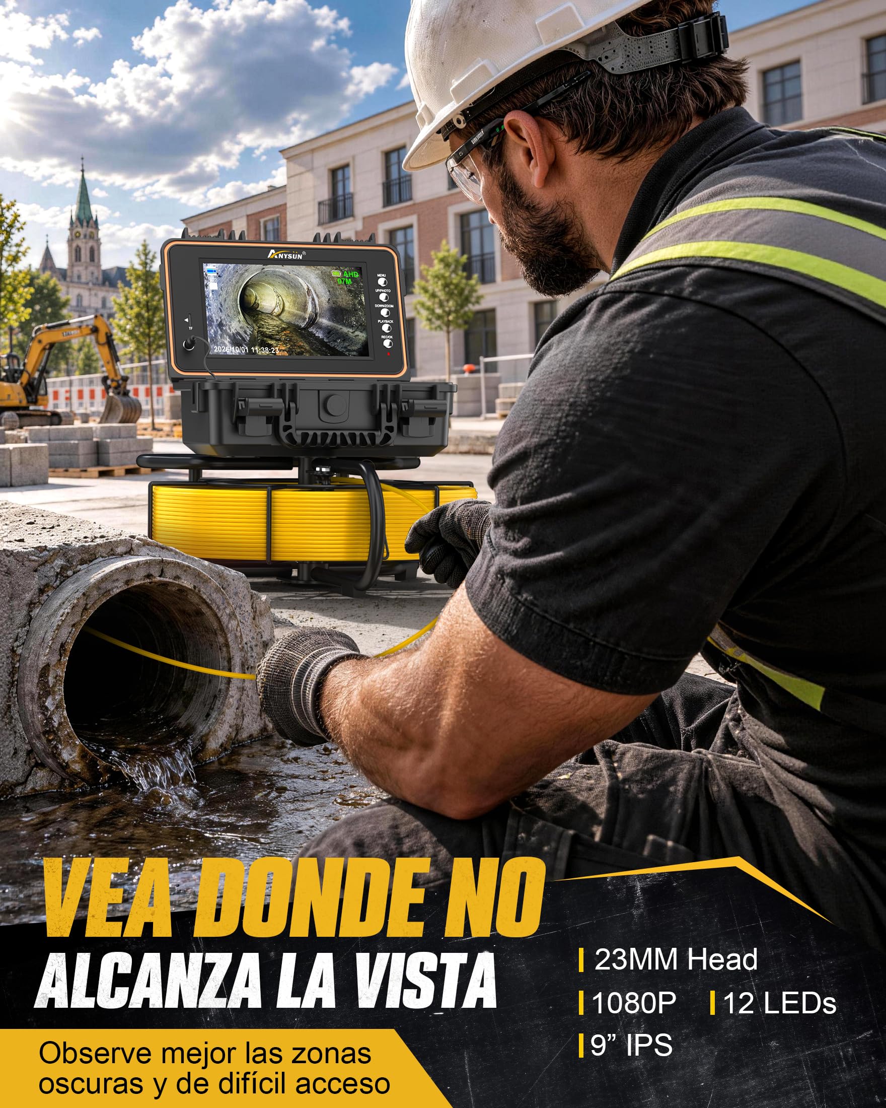 Anysun Camara Inspeccion Tuberias con Localizador 512Hz, IPS 9", 1080P