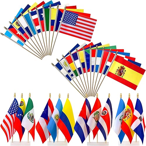 Banderas de habla hispana de 22 países en palo de madera, pequeñas mini banderas latinoamericanas de mano para decoraciones del mes hispano, 5 x 8 disponible en Yaxa Peru