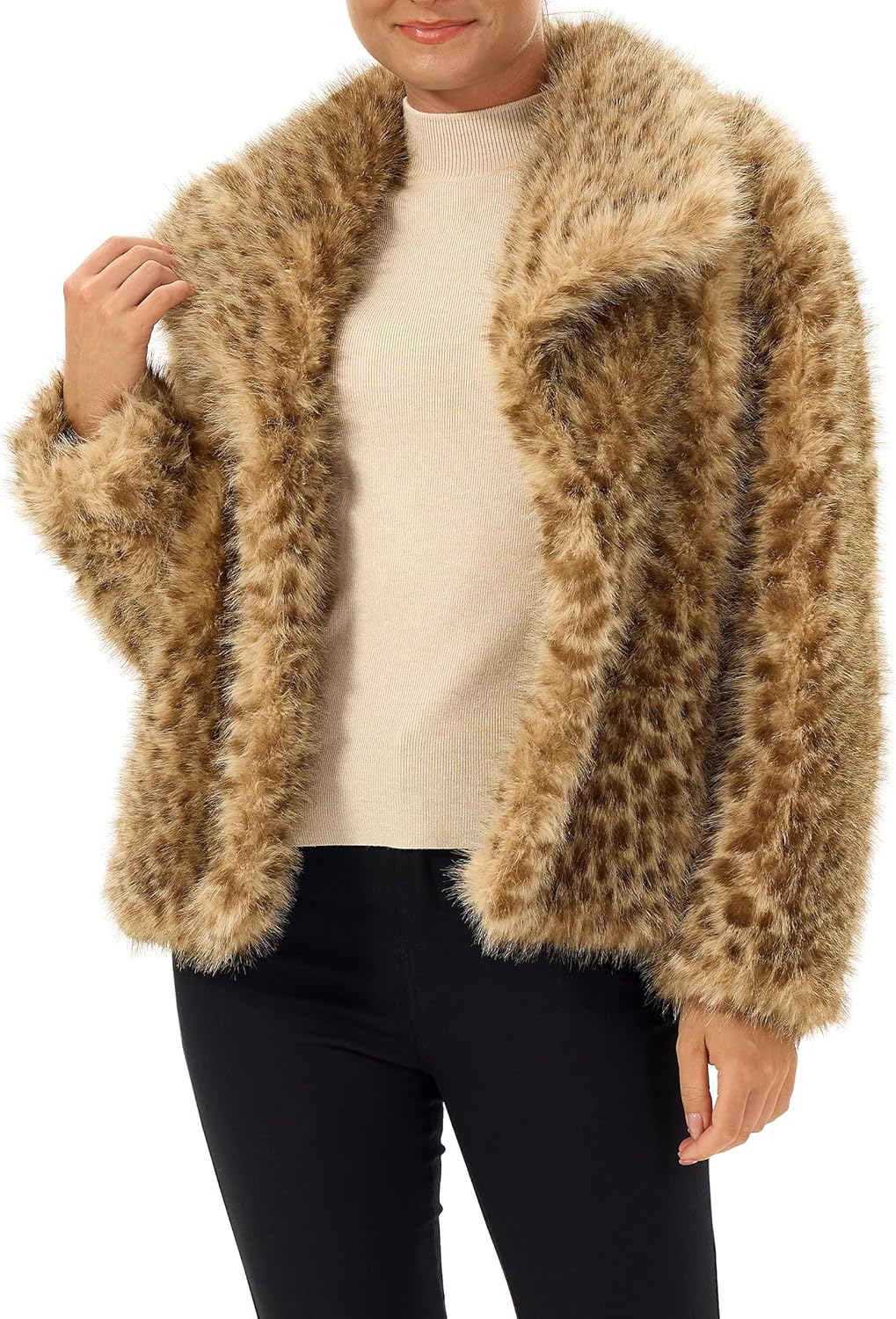 Women's Faux Fur Jacket Leopard Print Coats Fall Winter Warm Lapel Cardigan Fluffy Faux Fur Coat with Pockets - Image 6