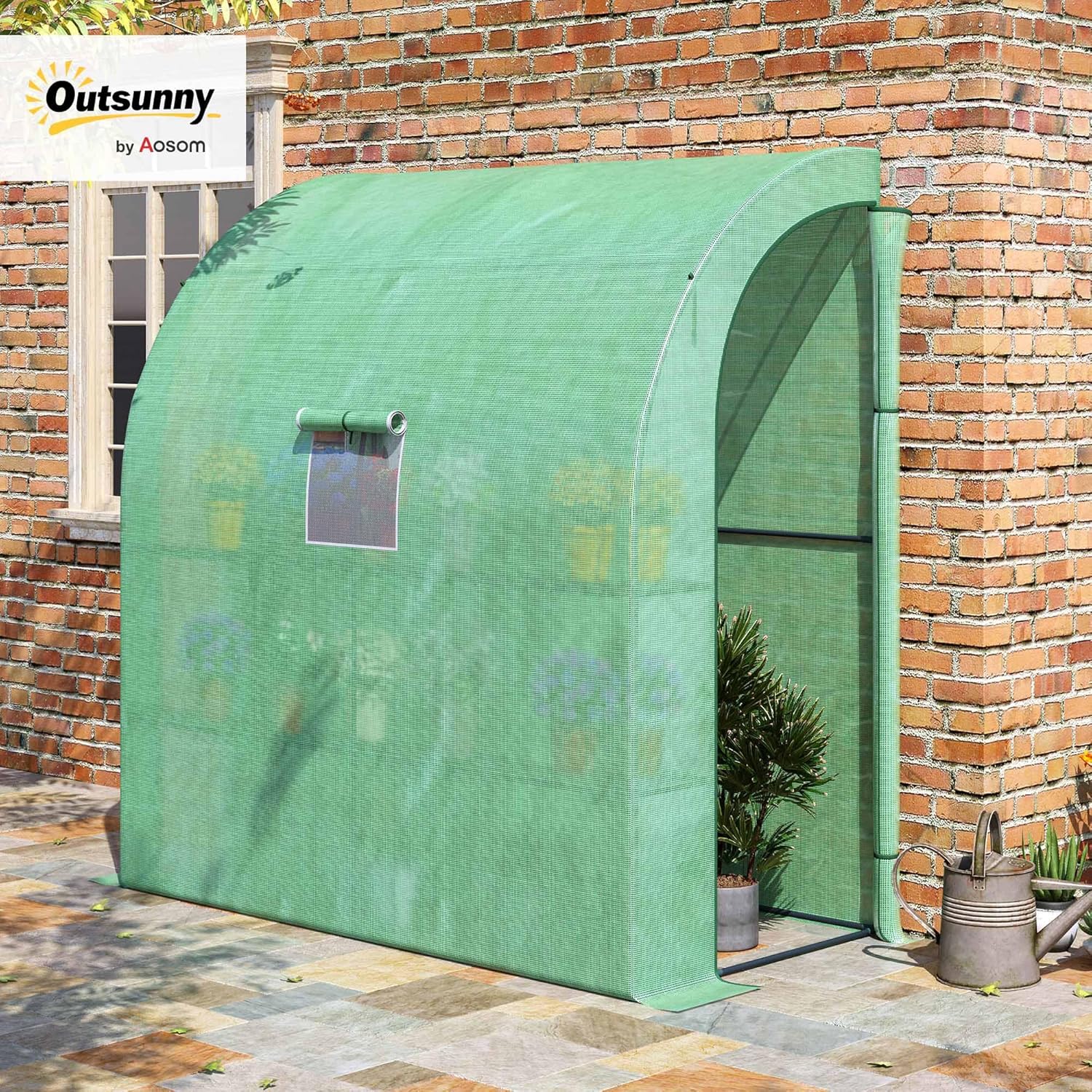 Outsunny 7' x 3' x 7' Lean to Greenhouse, Walk-in Green House, Plant Nursery with 2 Roll-up Doors and Windows, PE Cover and 3 Wire Shelves, Green