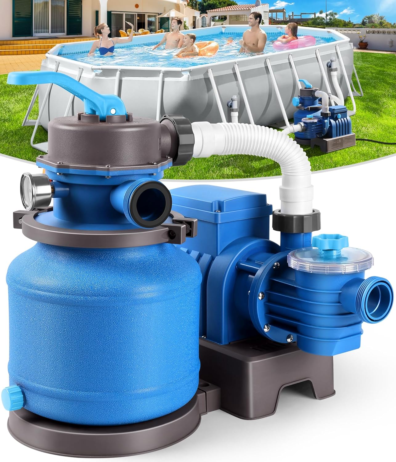 2500 GPH Sand Filter Pump for Above Ground Pools, Pool Pumps Above Ground with 24H Automatic Timer, 6-Way Valve, Efficient Circulation & Filtration Pool Sand Pump, Up to 12000 Gallons -Blue