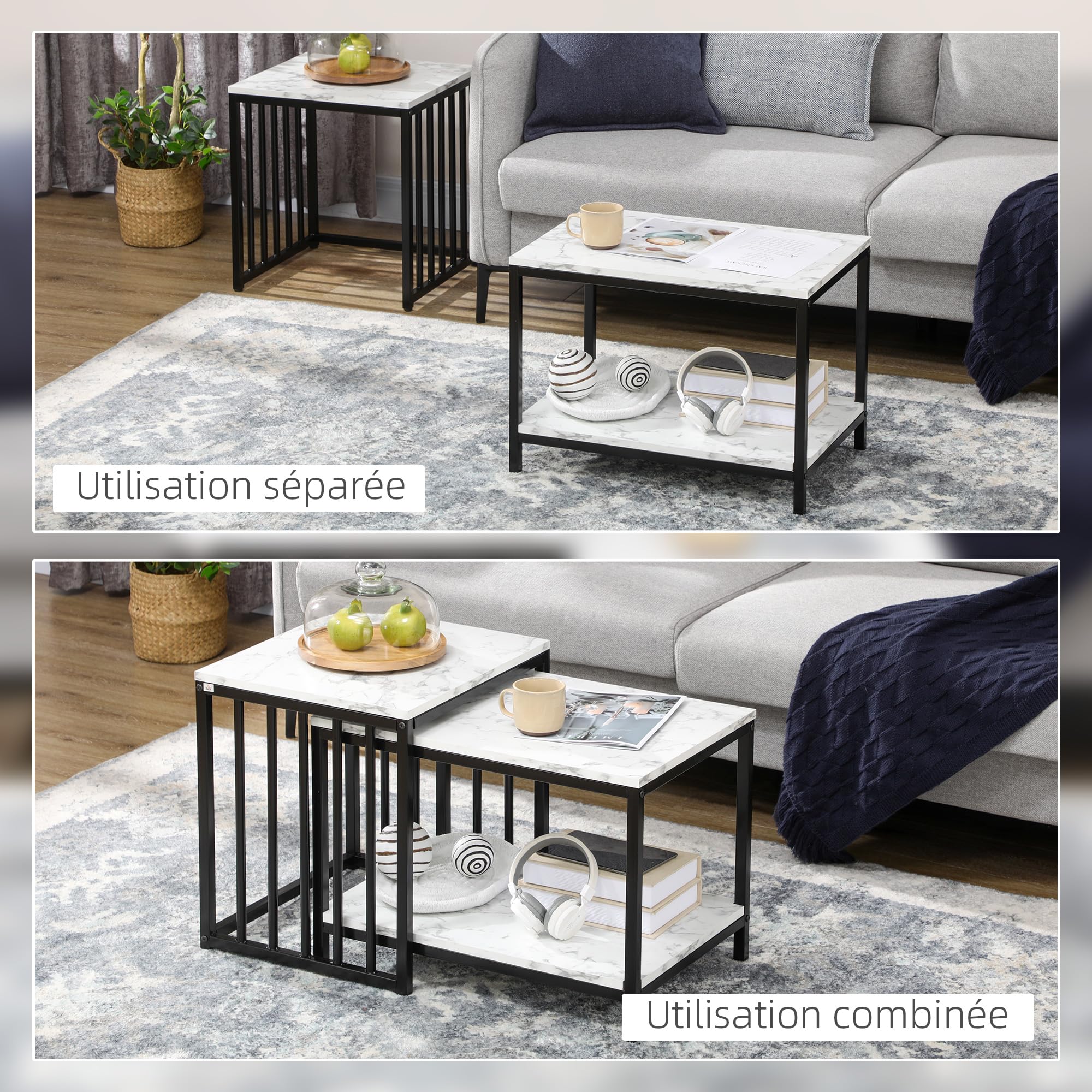 HOMCOM Lot de 2 Tables d'appoint Tables gigognes Tables Basses empilables avec Plateau Aspect Bois Effet marbre Cadre en métal Noir