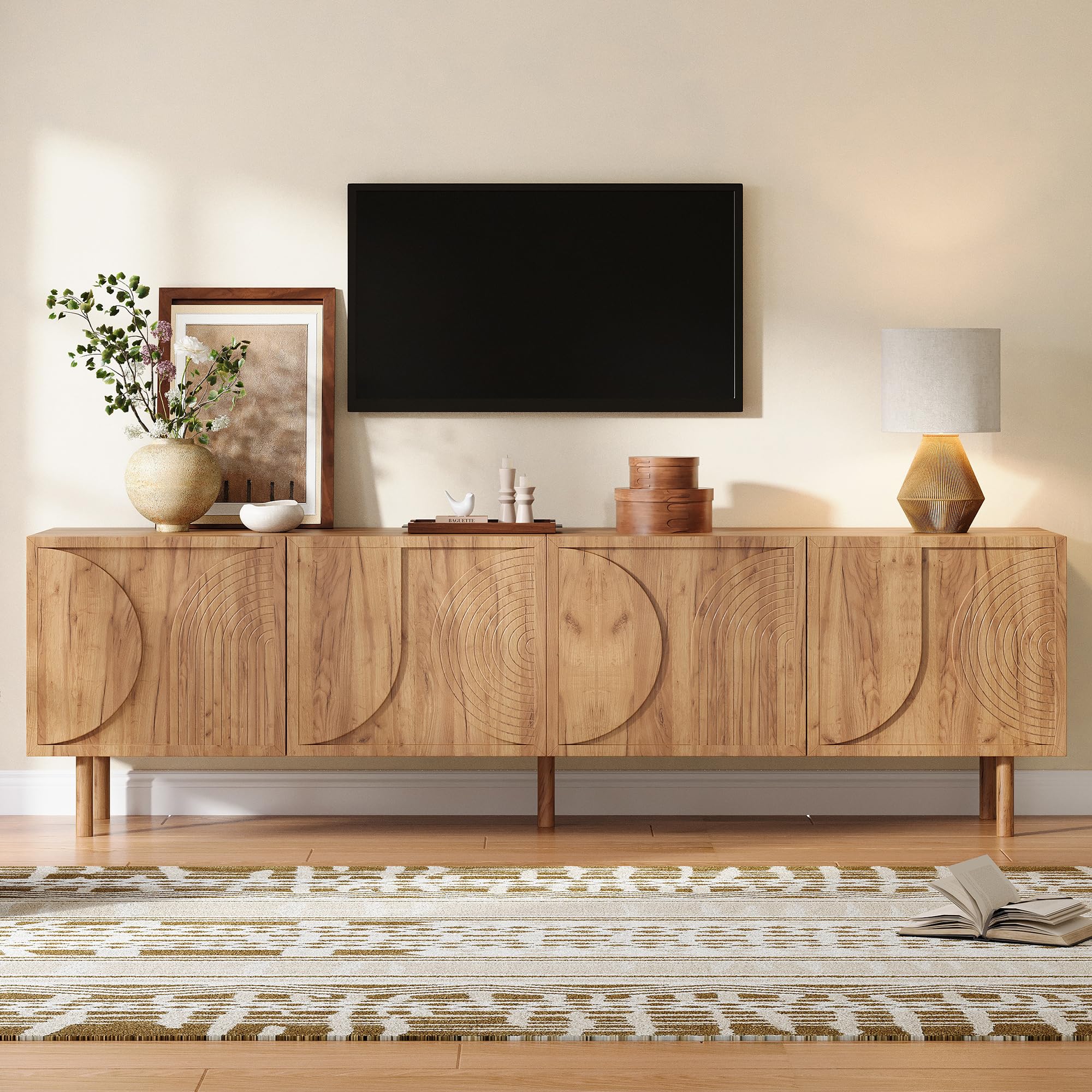 Mobile TV da 180 cm, mobile TV per TV da 75 pollici, mobile basso con 4 ante, 2 scomparti, moderno mobile TV con ampio spazio per soggiorno, design 3D in rilievo, colore legno, naturale