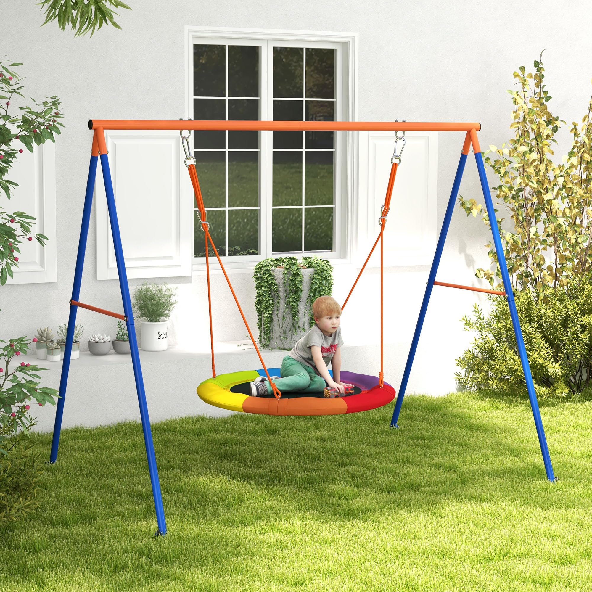Outsunny Altalena da Giardino per Bambini, Altalena a Nido per 1-2 Bambini con Struttura ad A in Metallo Rinforzato, 196x172x180cm, Multicolore