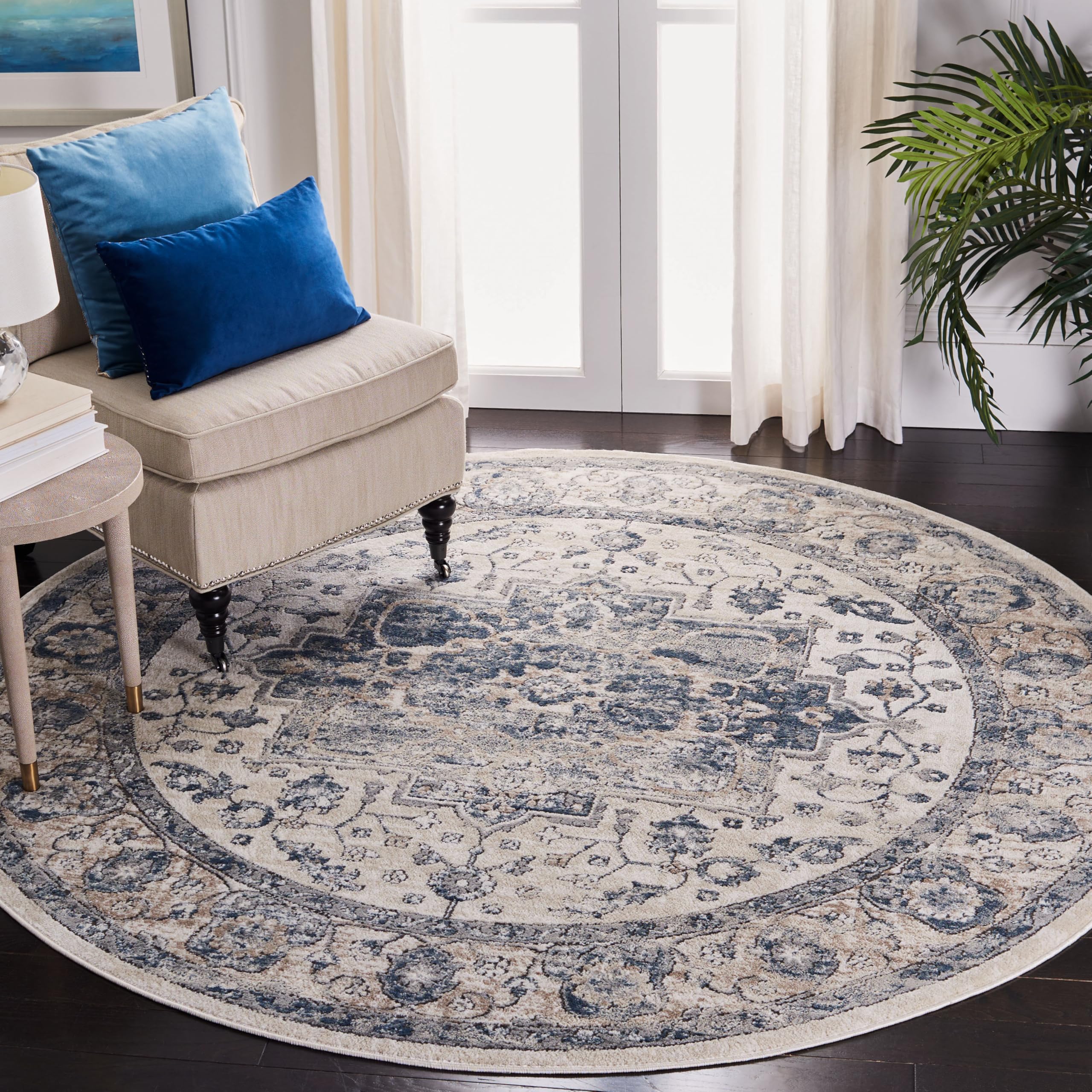 Martha Stewart x SAFAVIEH Area Rug Collection - 6'7" Round, Ivory & Blue, Non-Shedding & Easy Cleaning, Ideal for Living Room, Bedroom, Office, Dining