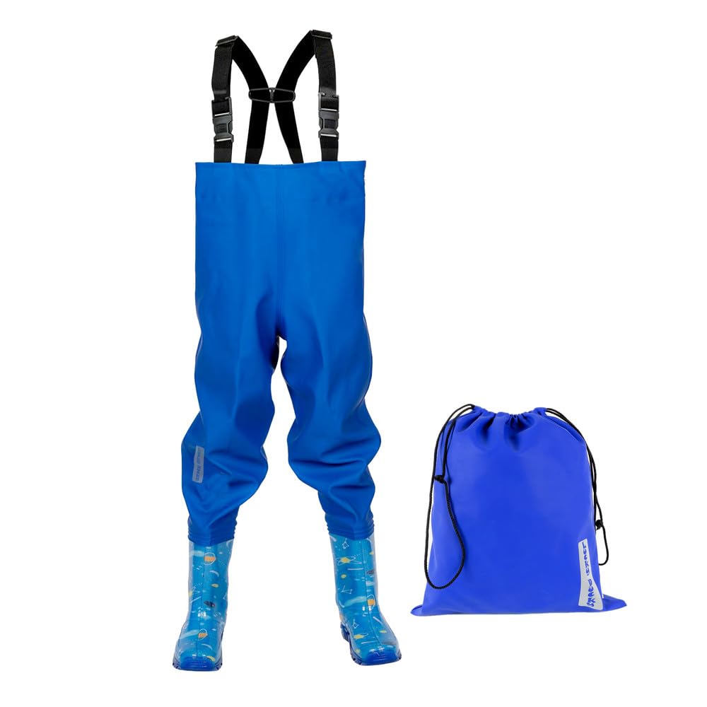 Dönges Kinder-Wathose, Gr. 22-35, wasserdichte Regenhose für Jungs und Mädchen, ungefüttert mit Watstiefeln und Verstellbaren Hosenträgern, Outdoor Buddelhose für Regen, Matschhose, Blau und Rosa