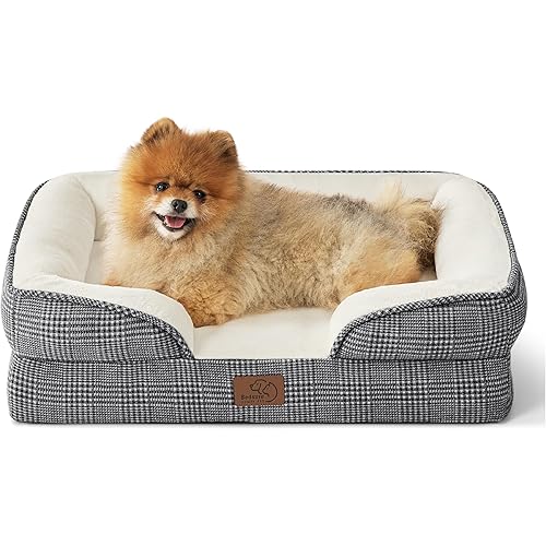 Bedsure Small Orthopedic Dog Bed - Washable Bolster Dog Sofa Beds for Small Dogs, Supportive Foam Pet Couch Bed with Removable Washable Cover, Waterproof Lining and Nonskid Bottom Couch, Black Checks