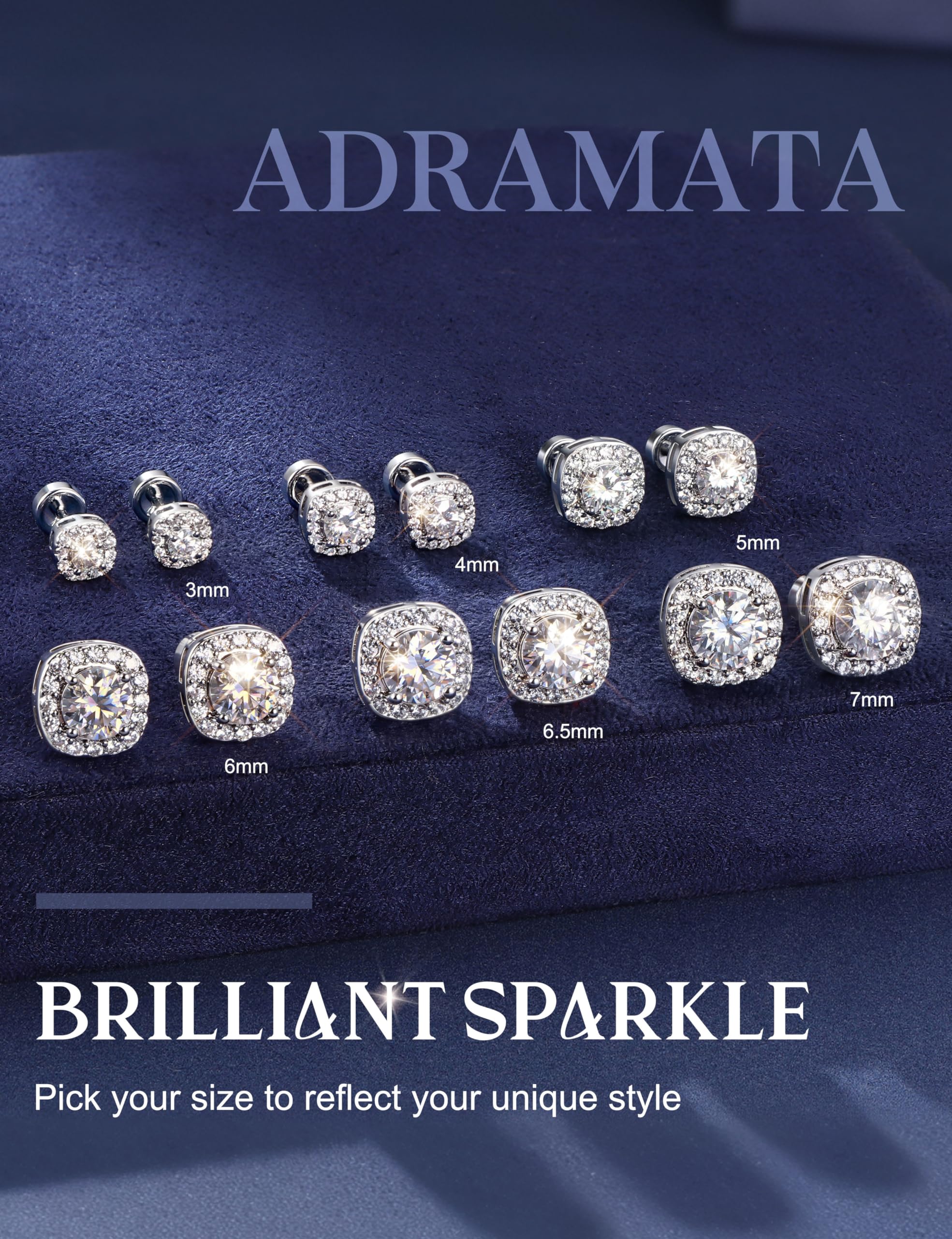 Adramata Pendientes Moissanita Mujer Hombre Plata de Ley 925, Pendientes de Botón Hipoalergénicos Parte Trasera Plana, Pendiente Diamante Simulado Chapado en Oro Blanco 14K, Moissanita D VVS1