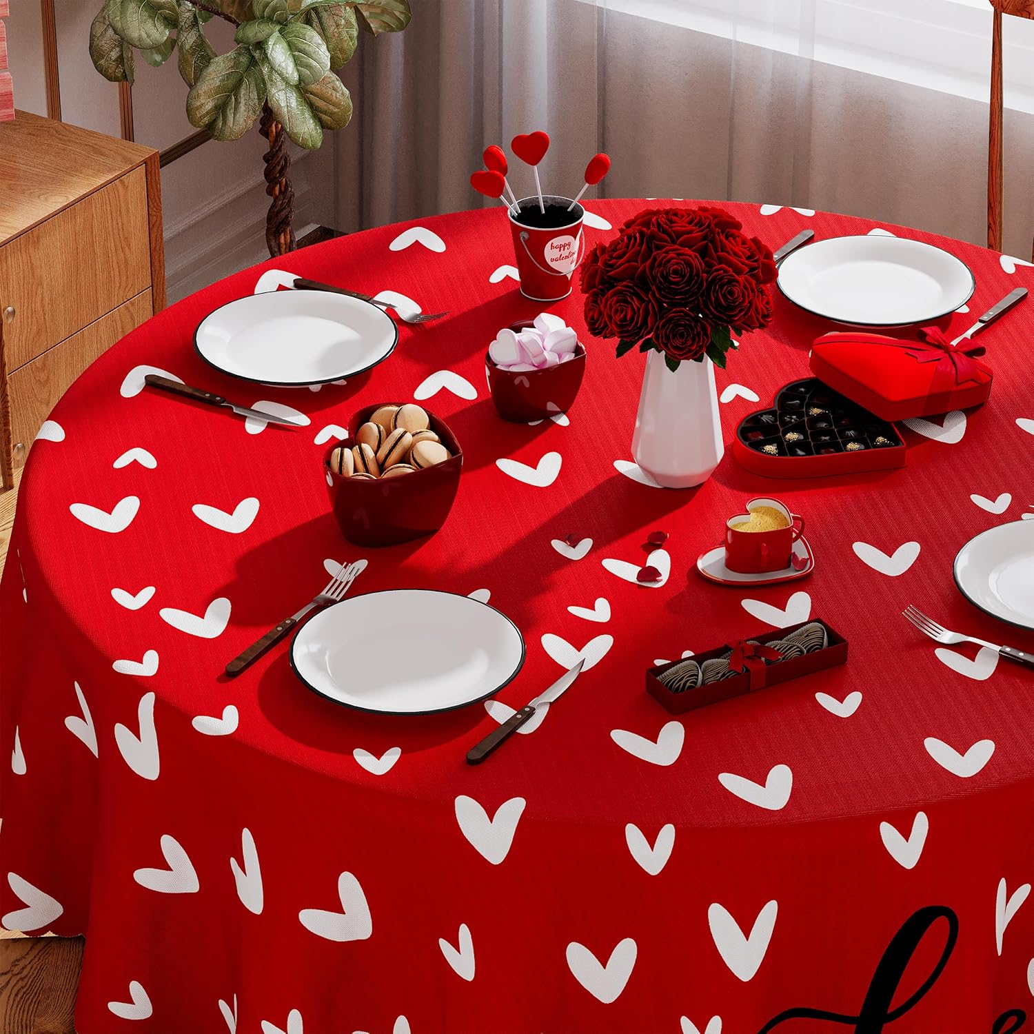 Siilues Round Valentines Tablecloth 70x70 Inch, Washable Red Love Hearts Valentines Day Tablecloth Waterproof Scalloped Edge Dining Table Cloth Sweet Home Party Decorations