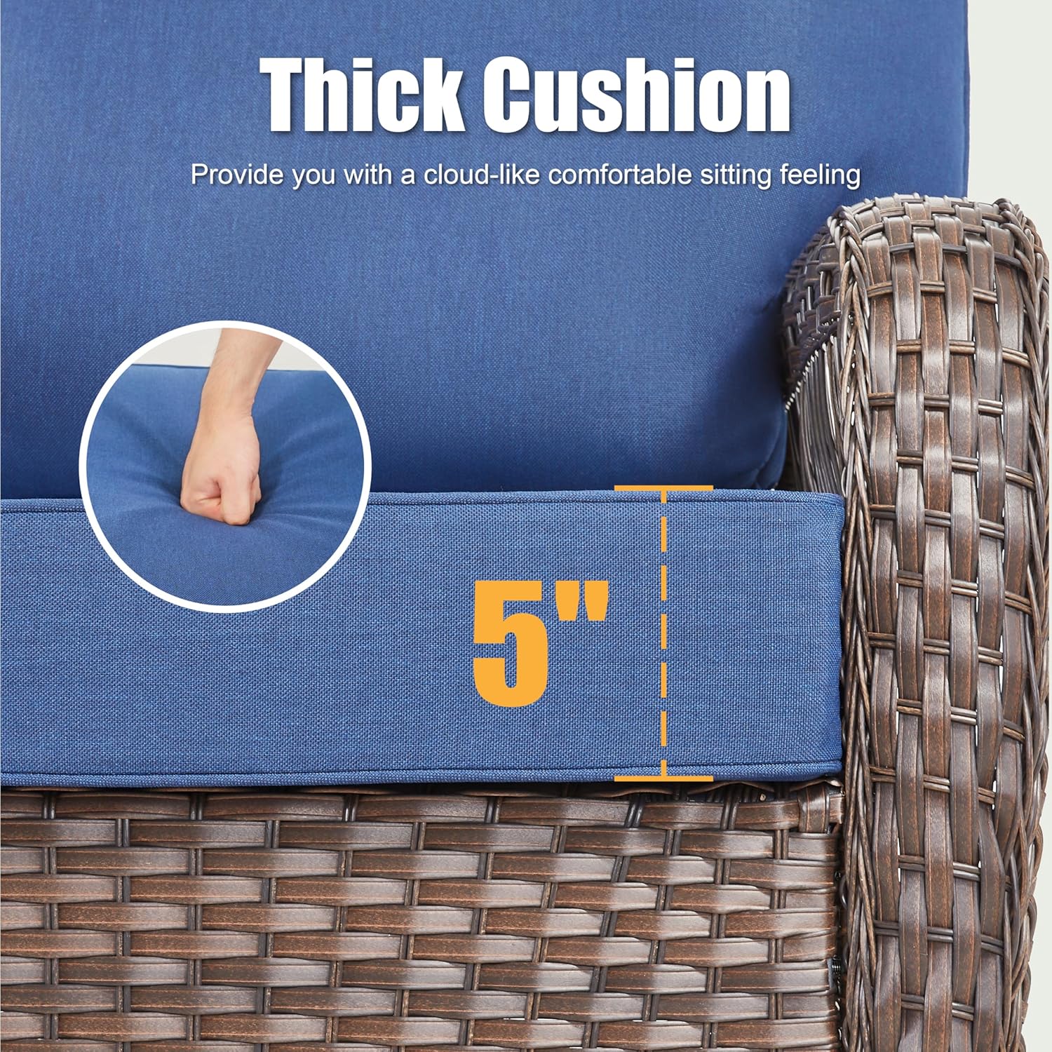 3 PCS Patio Swivel Rocking Chairs Set, Outdoor Wicker Furniture with 5-Inch Thick Olefin Cushions & Rattan Side Table, 360° Swivel Rocker Chairs for Garden, Porch, Backyard, Blue/Brown Wicker