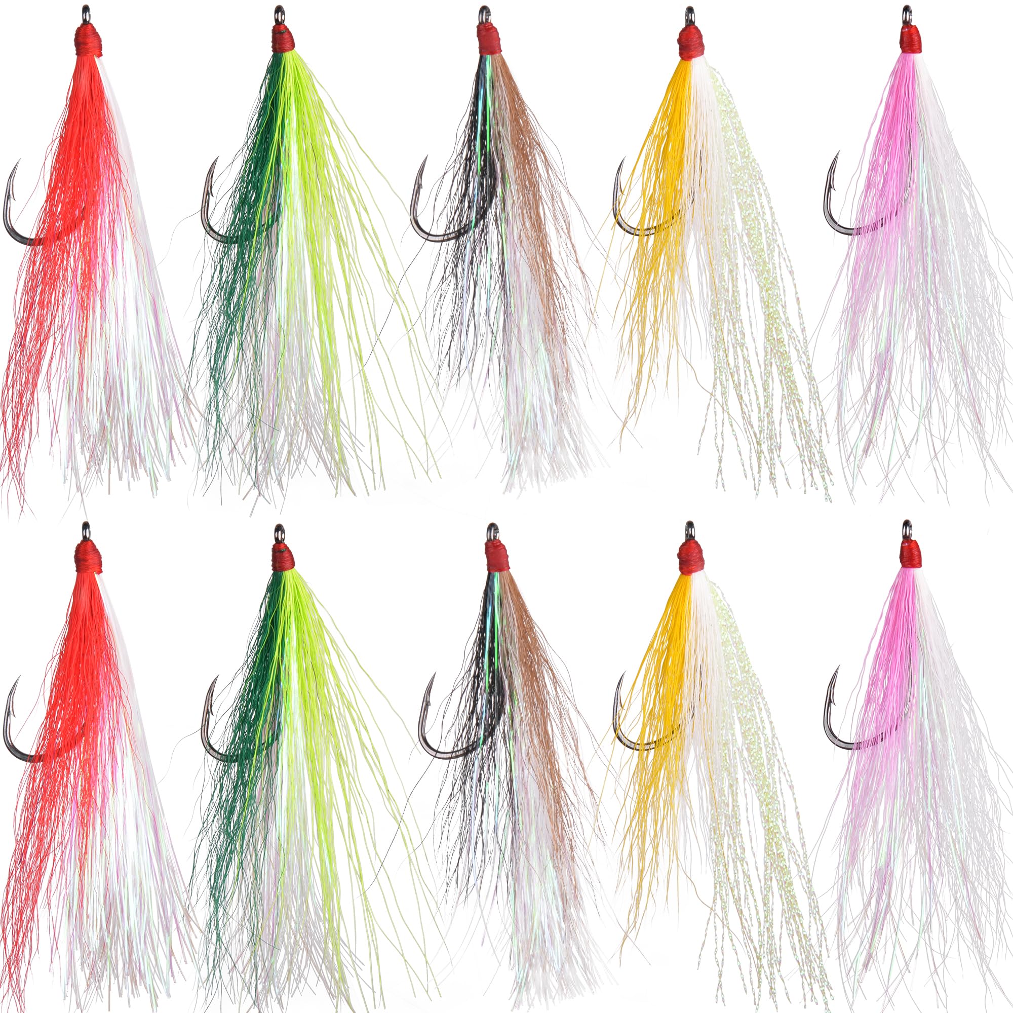10 Stück Bucktail Teaser mit Angelhaken, 5 Farben, Angelköder, Bucktail Crastal Mylar, Blitzröcke für Salmom Forelle