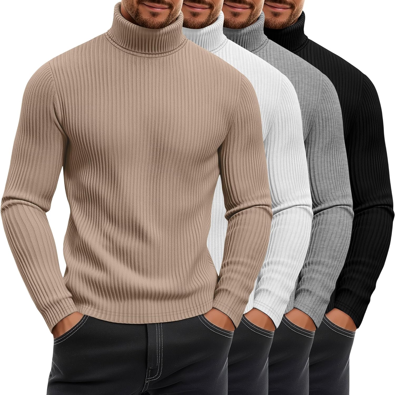 August Alley 4 Pack Men's Ribbed Turtleneck Shirts, Cotton Long Sleeve Slim Fit Mock Neck Tops Lightweight Pullover Sweaters