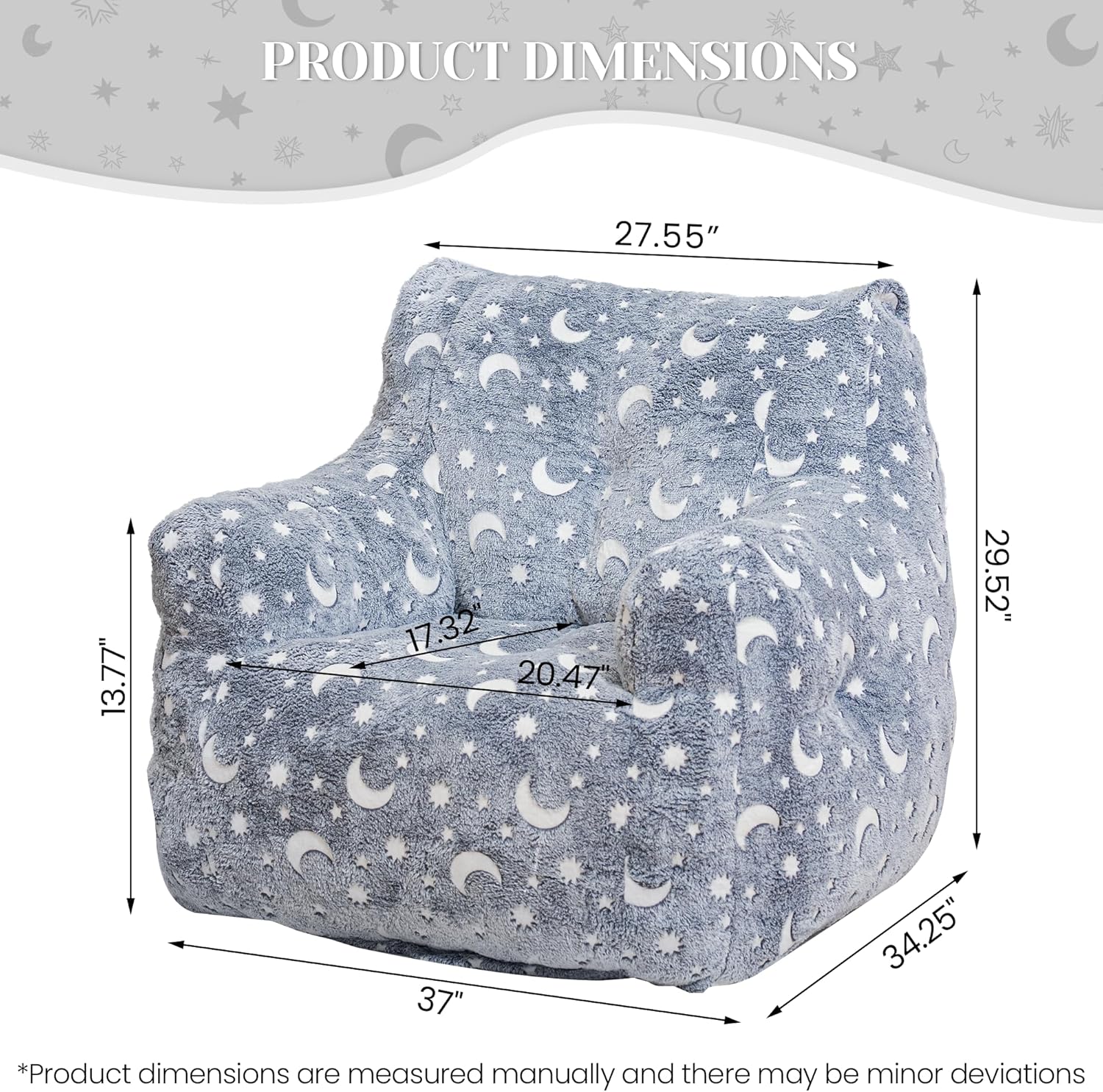 Bean Bag Chairs, Faux Fur BeanBag Chair with Memory Foam for Bedroom, Living Room, Reading, Adults - Grey - Star - Glow in The Dark - Image 2
