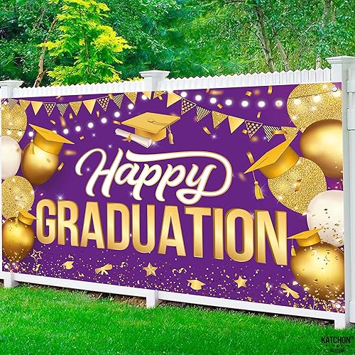 Miniatura 6 de KatchOn, Cartel de feliz graduación morado y dorado  XL, 72 x 44 pulgadas  Decoraciones de graduación moradas y doradas 2023  Banners de fiesta de