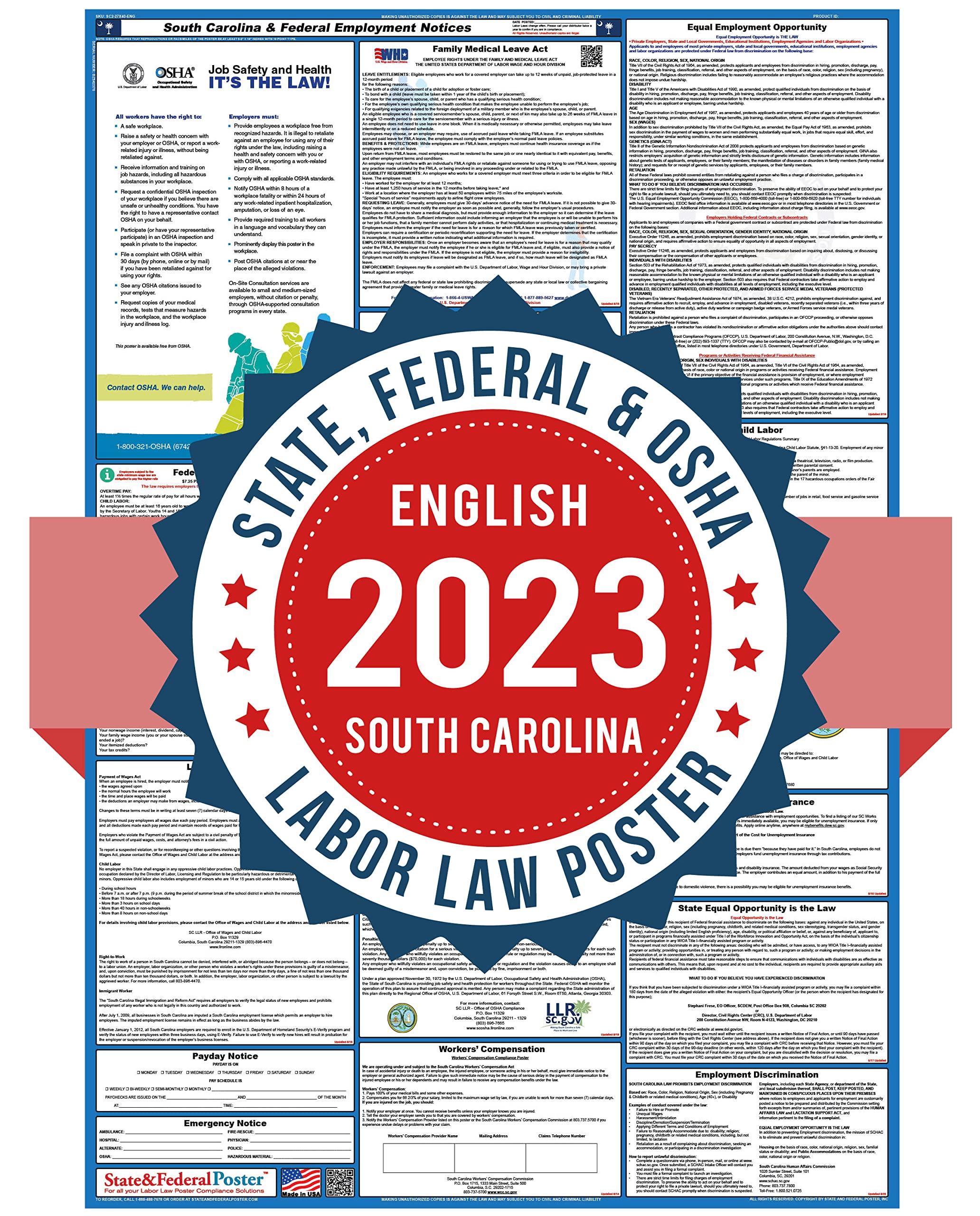 Amazon.com: 2022 South Carolina Labor Law Posters (Laminated) Combo State  and Federal Poster 27"x40" : Office Products