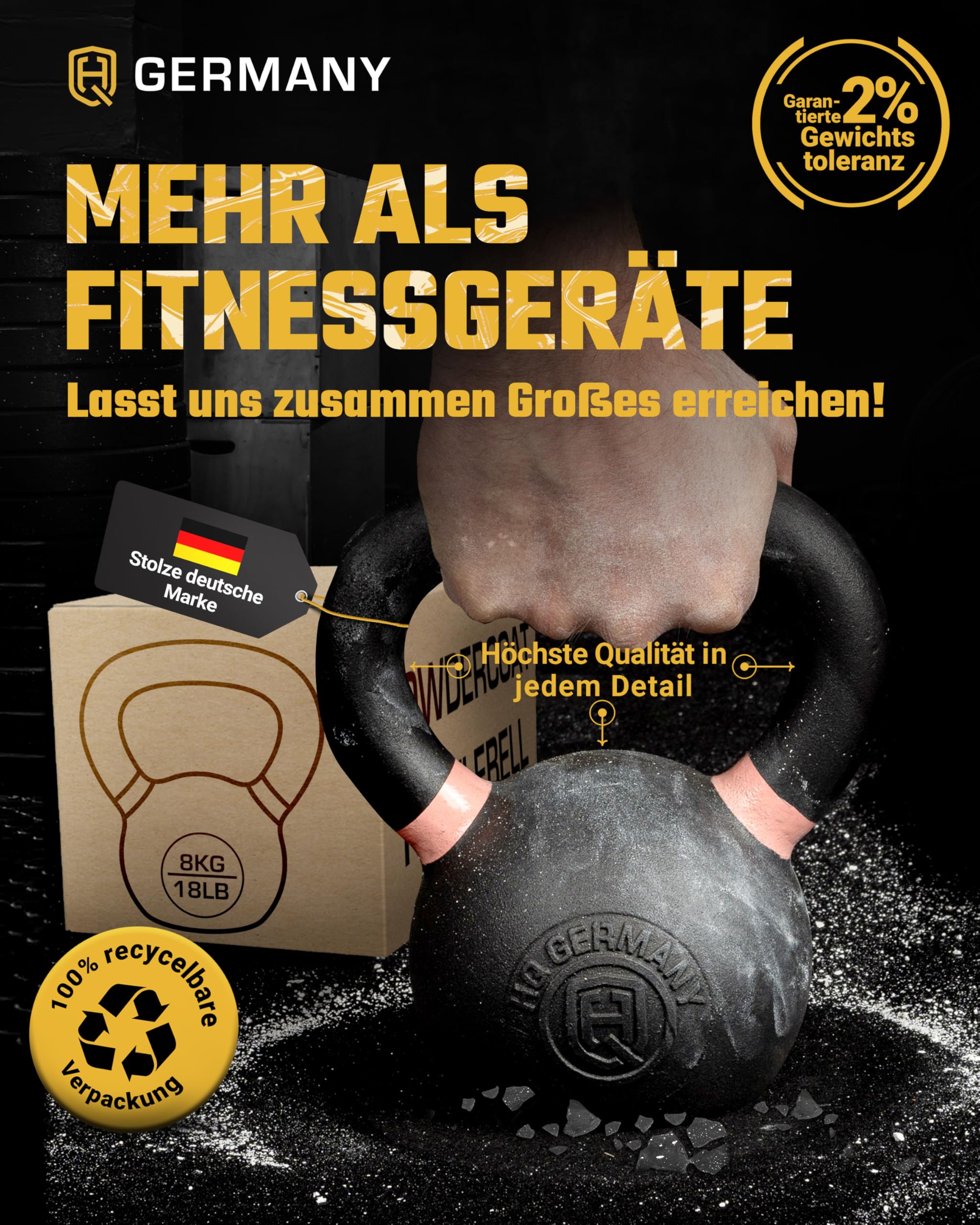 HQ Germany® Kettlebell Powdercoat [2-32kg/Sets] - Gusseisen Kettlebell Set mit ±2% Gewichtstoleranz - Kugelhantel Gewicht, Hantel Gewichte Set, Kettle Bell, Premium Kettlebells mit Pulverbeschichtung