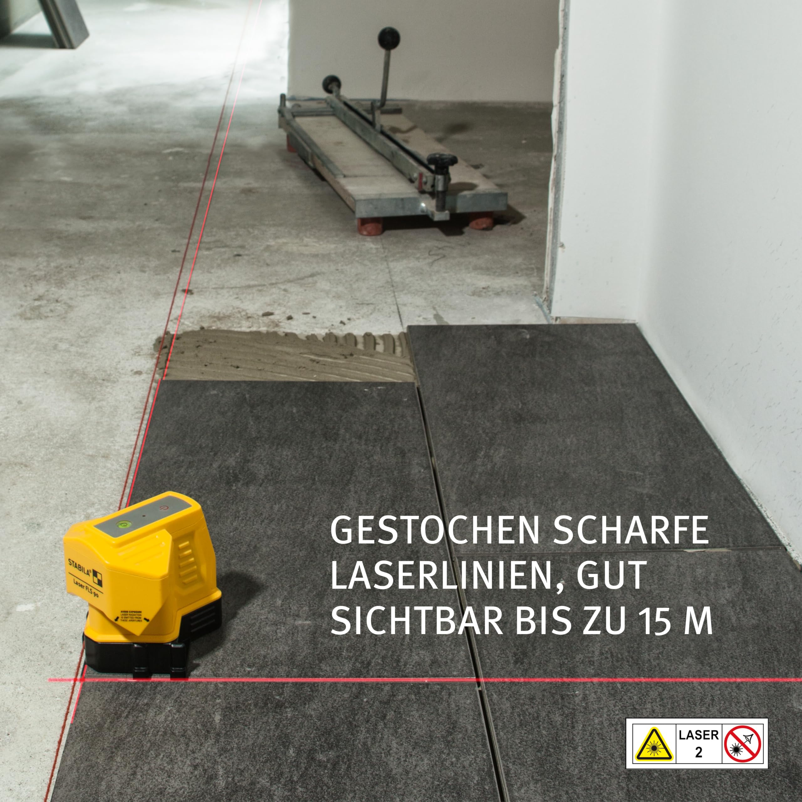 STABILA Bodenlinien-Laser FLS 90, exakter 90-Grad-Winkel am Boden, Reichweite Laserlinie 15 m, Schutzklasse IP 54, Umsteck-Sockel, Zielplatte, Tasche