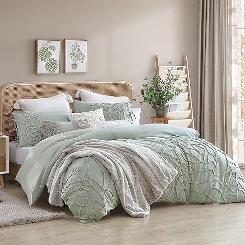 Peri Home Juego de edredón y fundas de almohada de 3 piezas, 100% algodón, color verde chenilla rosa, tamaño King