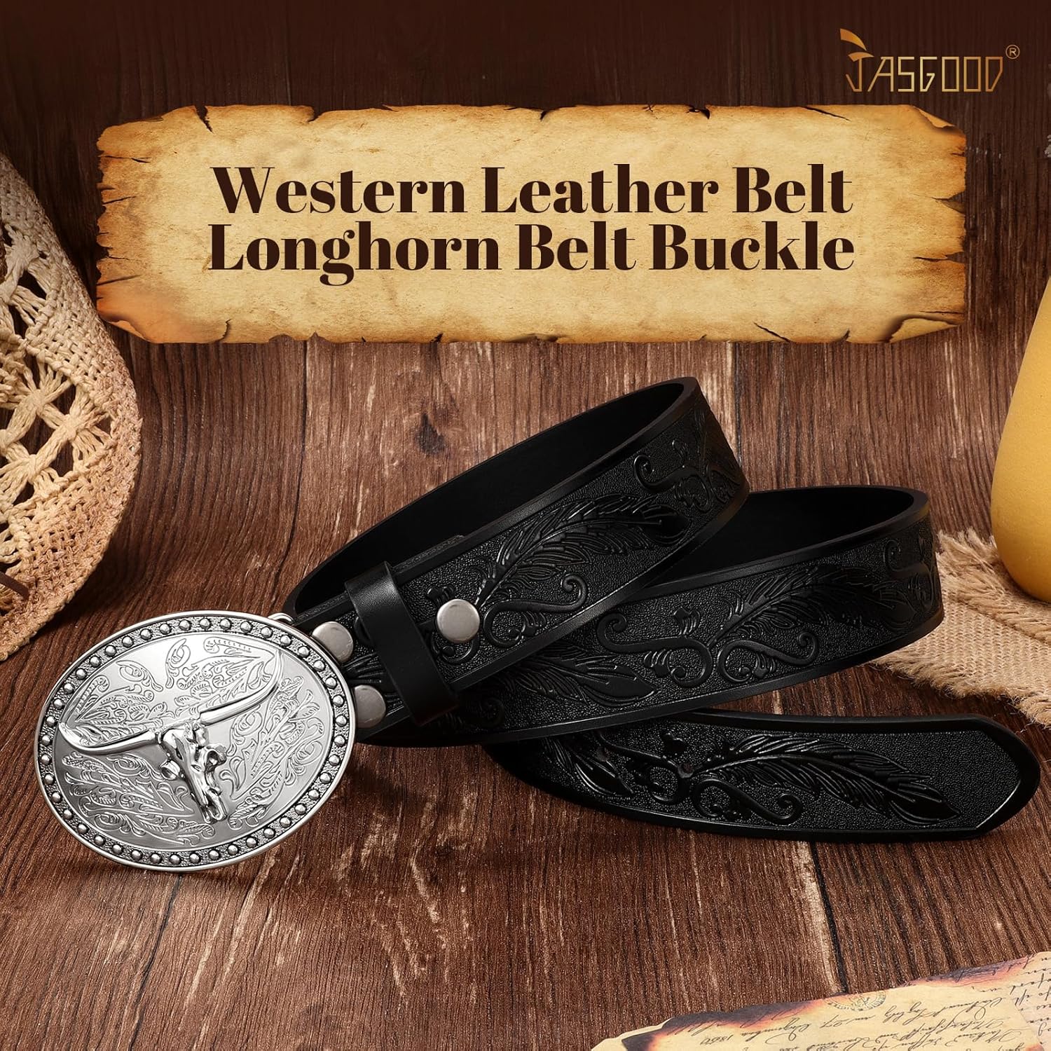 JASGOOD Western Belt Cowboy Belts for Men Women, Cowgirl Western Country Leather Belts Leather Belt for Jeans Pants - Image 6