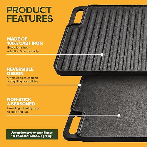 Miniatura 3 de Juego combinado reversible de plancha de hierro fundido + guantes protectores, prensa de parrilla y raspador, estufa de gas pre-sazonada para