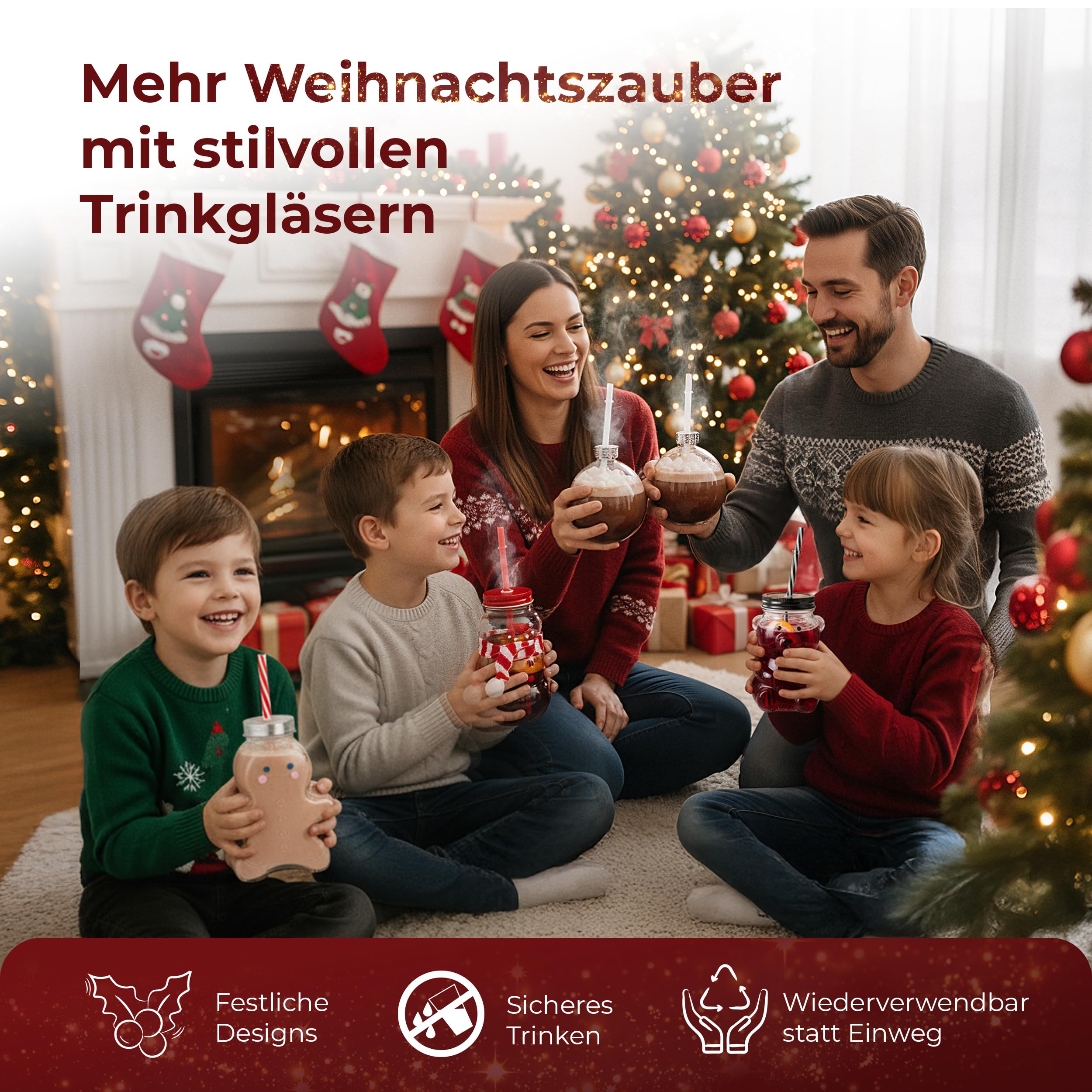 Novaliv 12x Tassen Glühwein 440 ml Personalisierte Weihnachtstasse mit Trinkhalm - Lebkuchenmann als Glühweinbecher - Christbaumkugel Motiv Tasse Tannenbaum Kugel Weihnachtstassen Handwärmer Mugs
