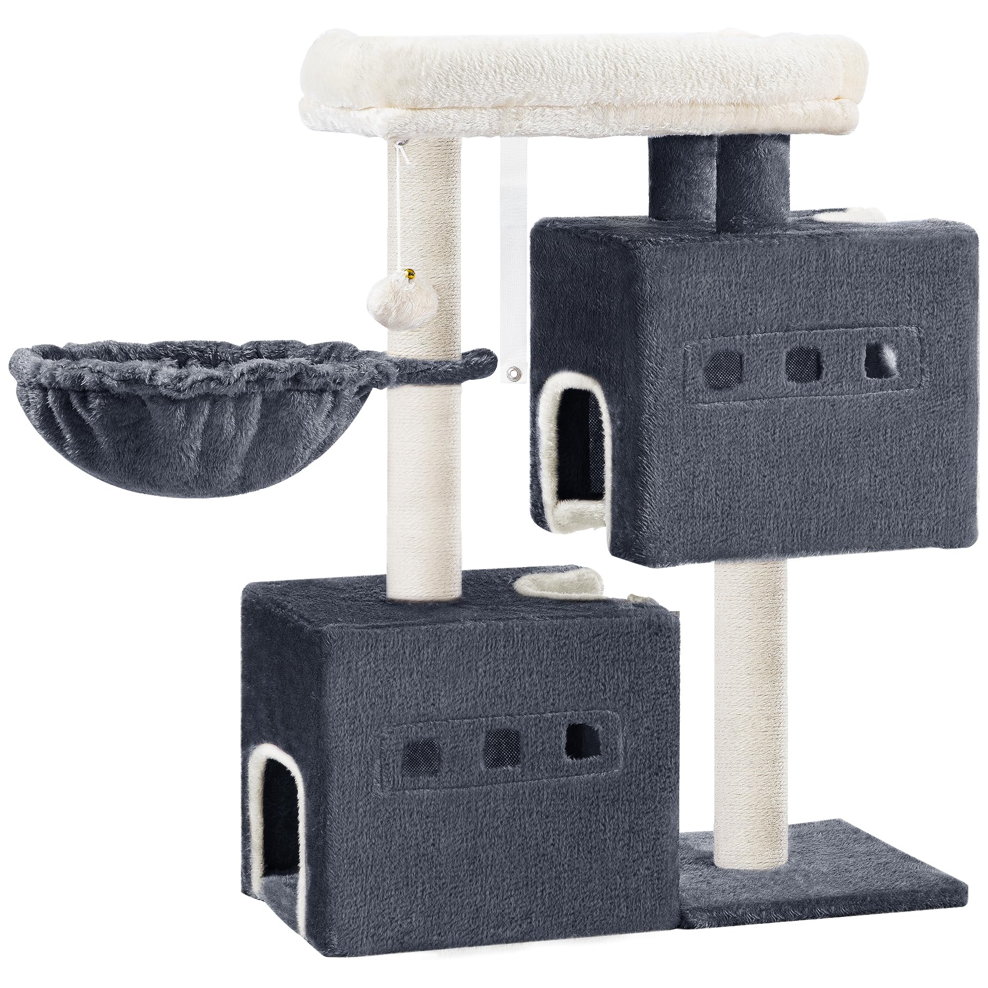 Hzuaneri 75 cm Árbol para Gatos, Árbol para Gatos, Poste rascador pequeño de Varios Niveles, con 4 Postes Rascadores, 2 Cuevas, Grandes Plataformas, Hamaca, Pompones, Gris Oscuro MS07618SG