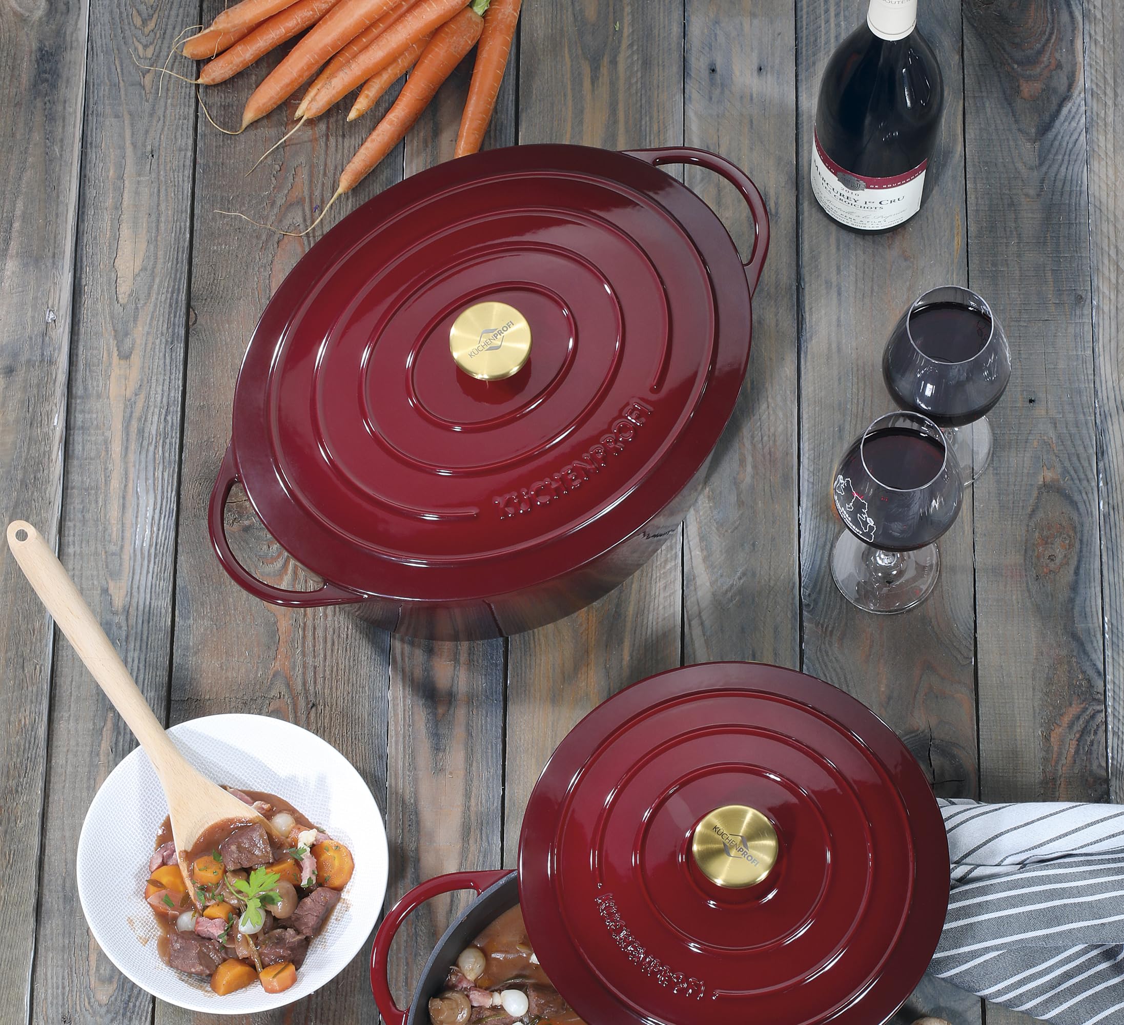 KÜCHENPROFI Gusseisen Bräter oval mit Deckel, 33 cm, emailliert, médoc | Schmortopf, für Backofen und Grillgerät, induktionsgeeignet, energieeffizient, pflegeleicht, emailliert