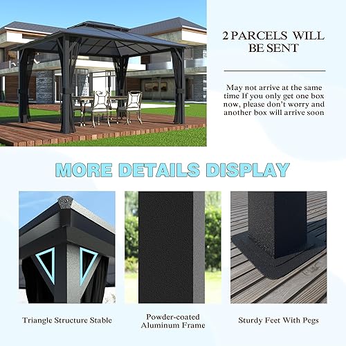 Miniatura 7 de MUPATER Gazebo de policarbonato de 10 x 13 pies con marco de aluminio, cenador de patio de doble techo, pabellón permanente al aire libre con malla