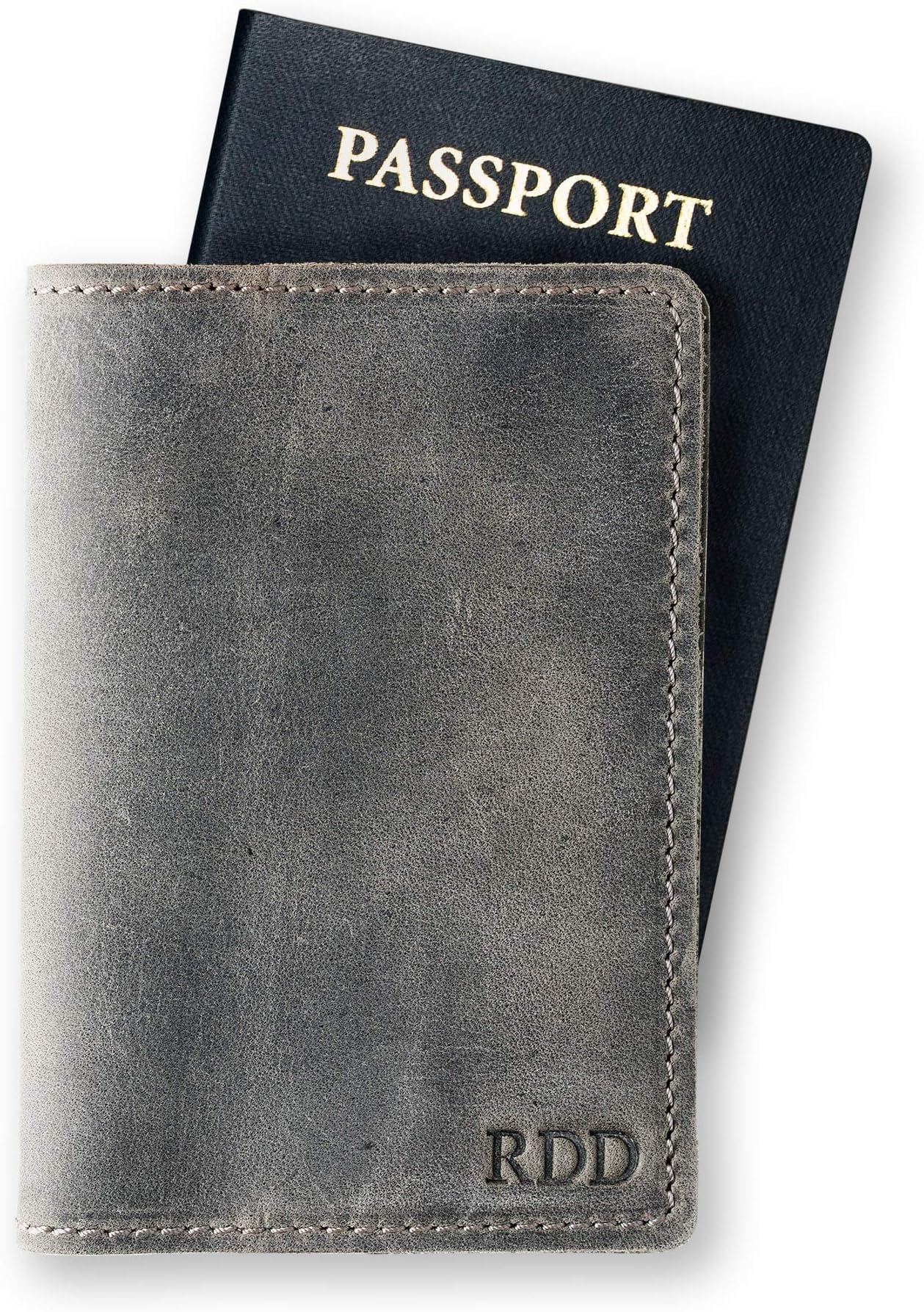 Personalized Leather Passport Holder Cover Wallet Travel Essentials | 100% Soft Touch Rustic Travel Wallet Case, International Travel Must Haves | DeKalb (Rock Gray)