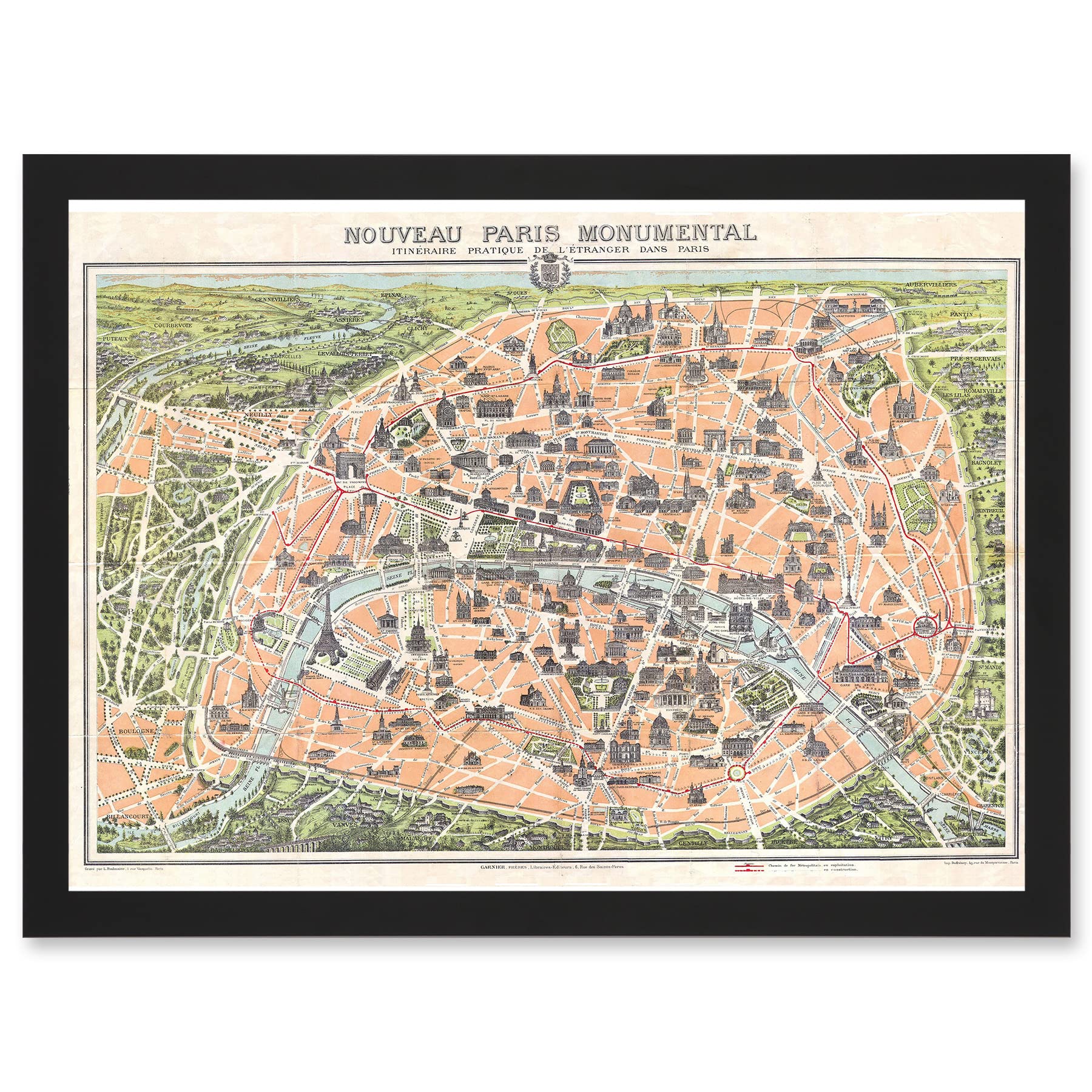Artery8 Antique Garnier Paris Tourist City Map Plan Artwork Framed A3 Wall Art Print