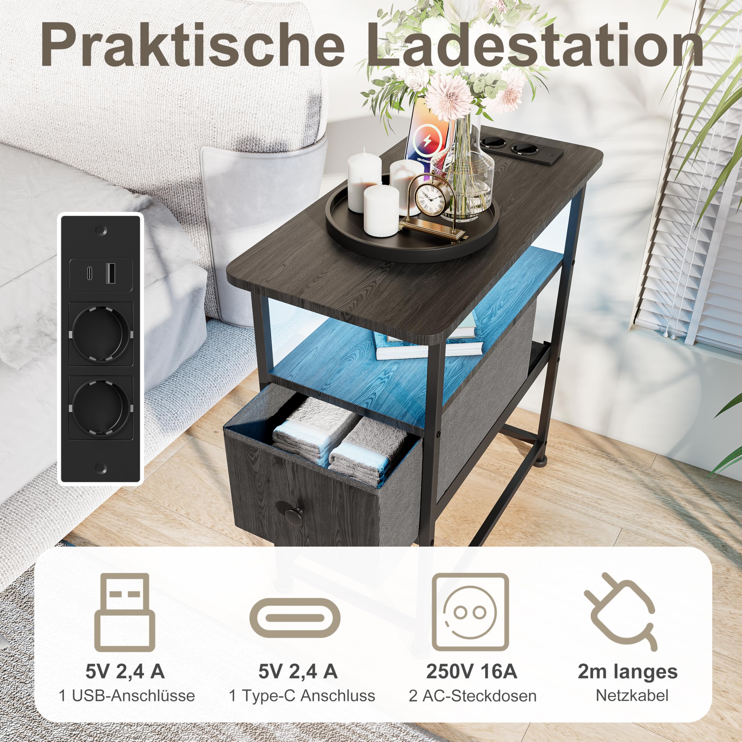 Stolik pomocniczy wąski z lampkami LED i stacją ładującą, stolik nocny z 1 szufladą z materiału, stolik kawowy z otwartym regałem, do sypialni, salonu, 60 x 30 x 62 cm (czarny)