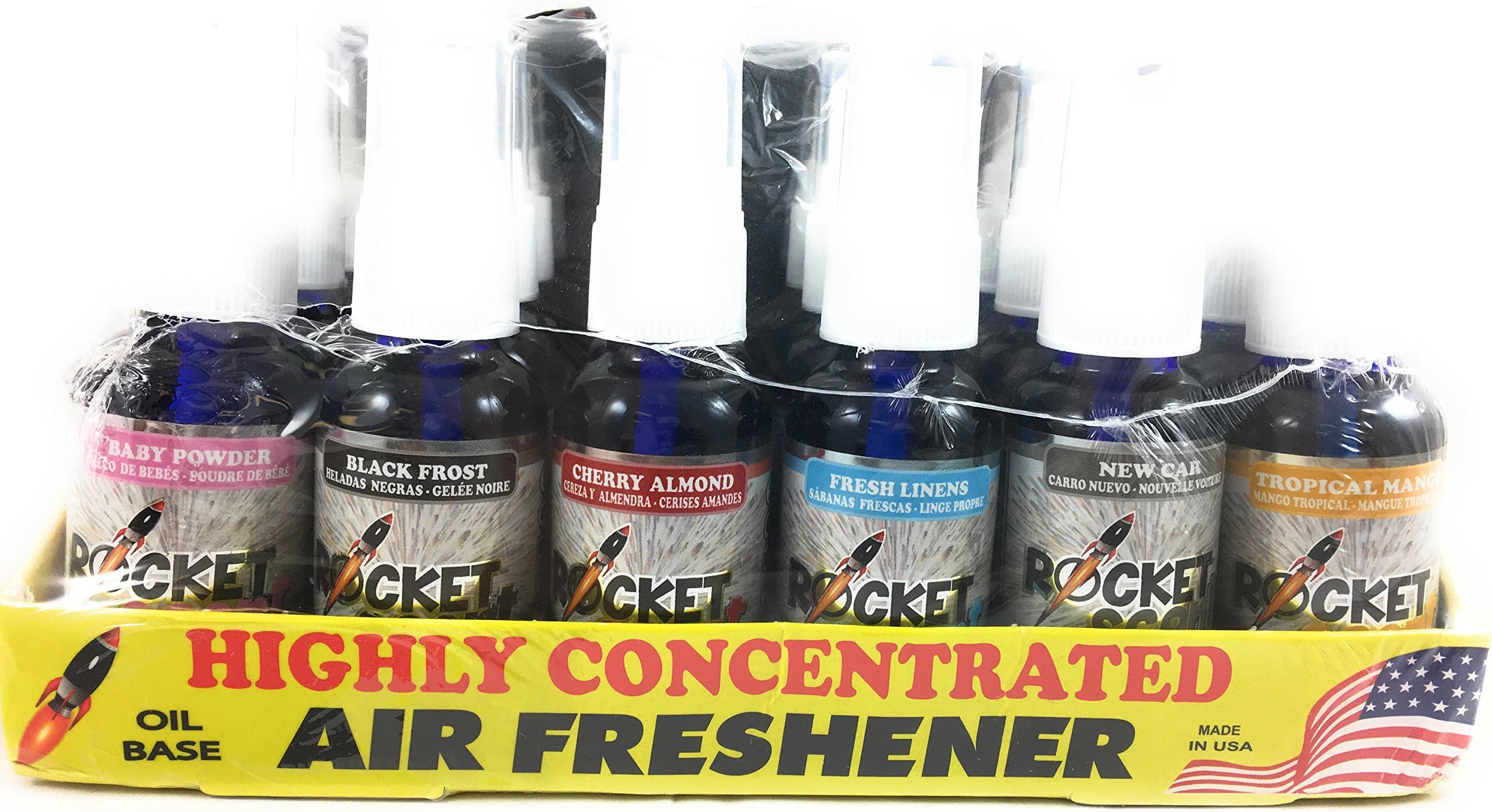 Rocket Scent Air Freshener Oil Base Assorted 24 Pack Baby Powder Black Frost Cherry Almond Fresh Linens New Car and Tropical Mango Use in Vehicles Bathrooms Smoke Odors Trash Bins Home AC Filters