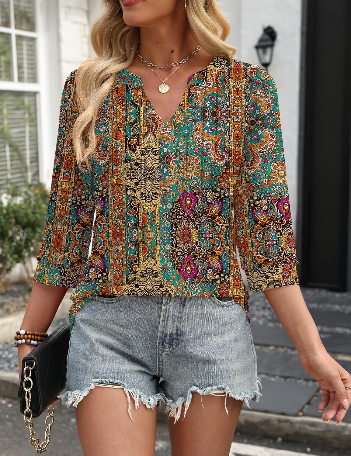 LOMON 3/4 Length Sleeve Womens Tops Pleated Puff Sleeve V Neck Work Blouses for Women Dressy Casual Spring Summer Clothes