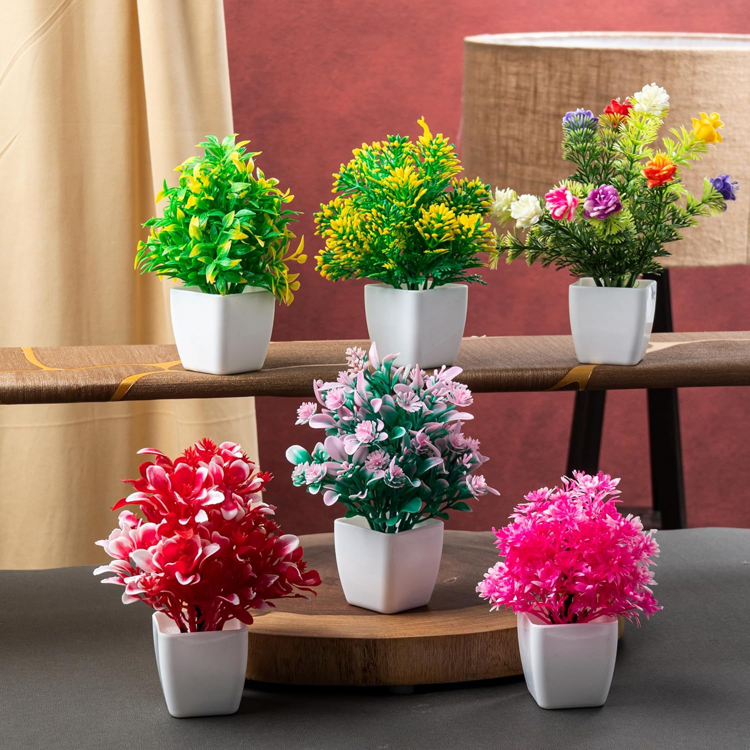 JH Gallery Artificial Potted Plants for Home Decor – Realistic Faux Plant Pots for Home Decor, Living Room, Indoor, Office, Desk, Shelf, Table Decoration. (Pack of 6)