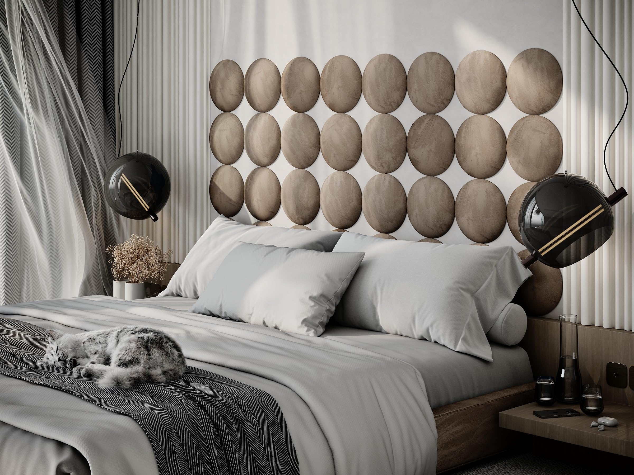 Upholstered Decorative Wall Panels Velvet Headboard Padding | Cushioned Planks | Padded Decor Collision Avoidance | Acoustic Soundproofing Treatment | (Beige, 4x Round (25x25cm))